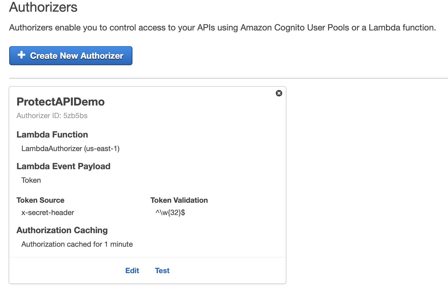 Token-based Lambda authorizer settings