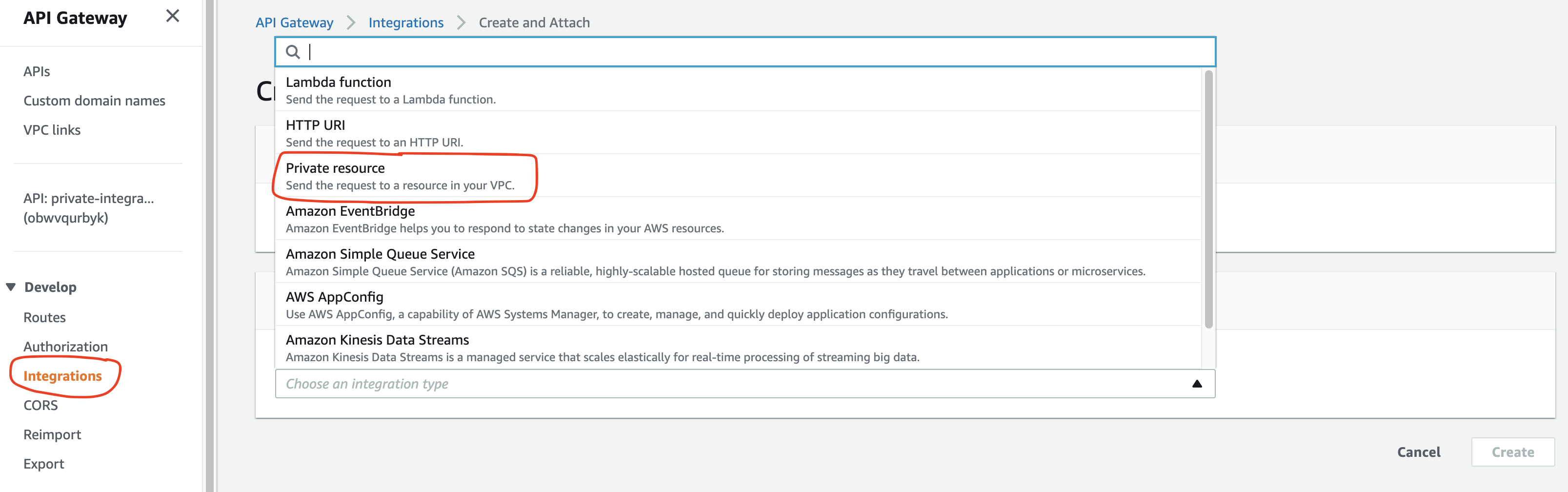 Choose Private resource integration type