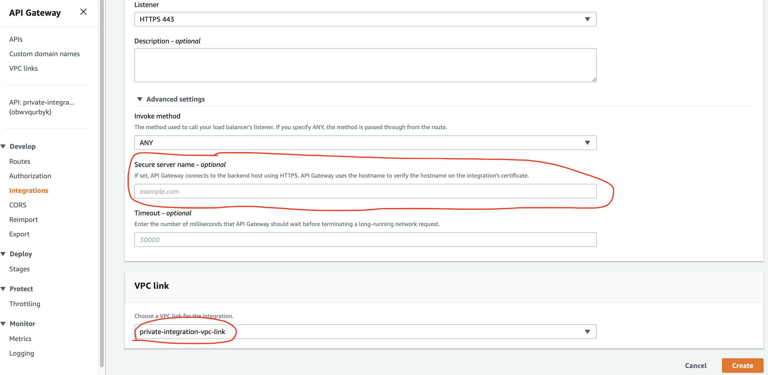 Specify the hostname and VPC link