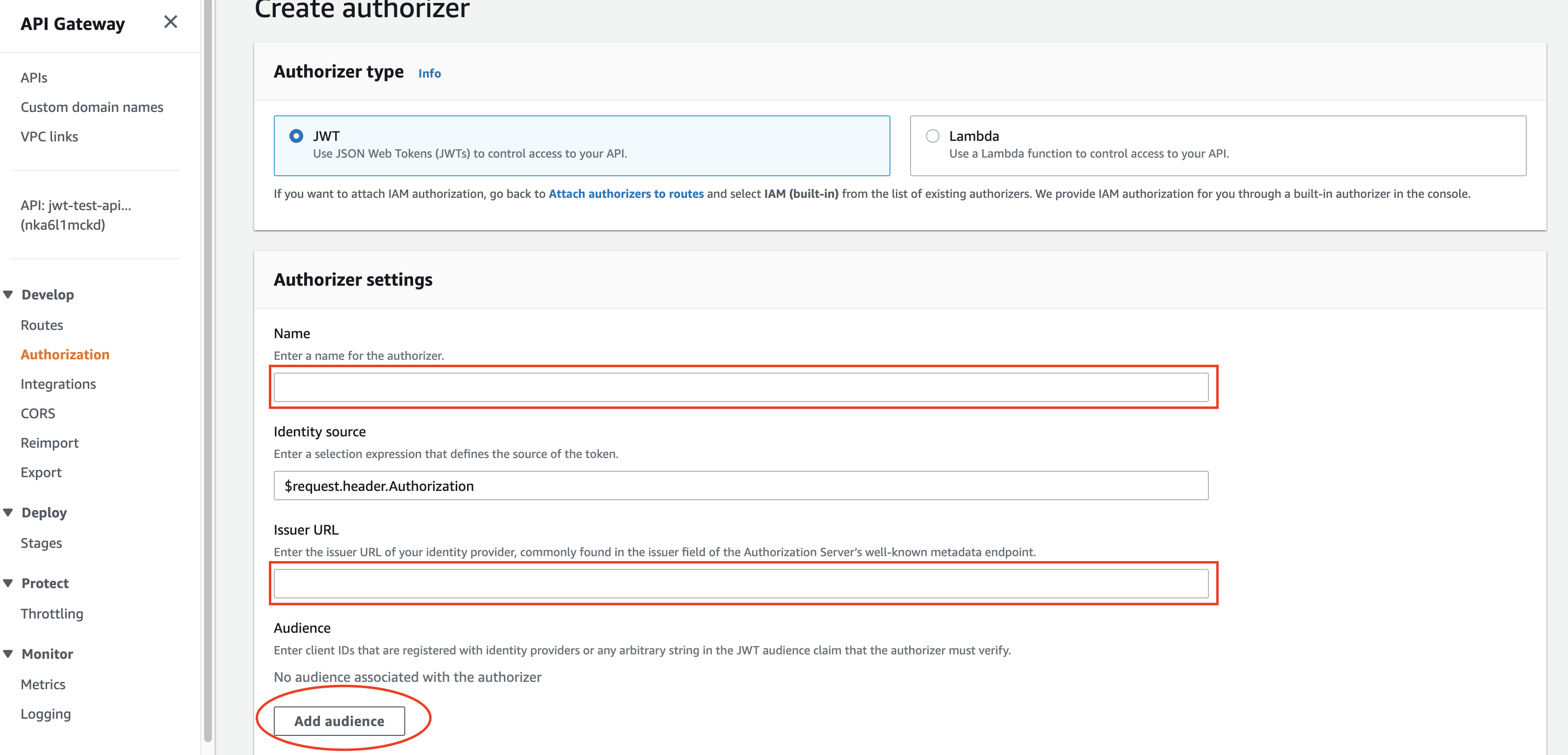 Create a JWT authorizer