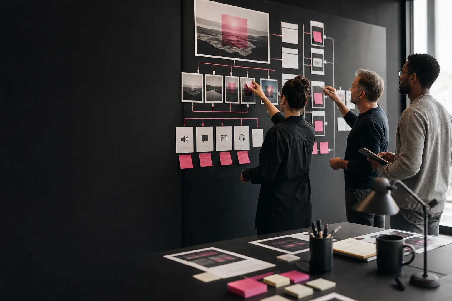 Editorial illustration of a commercial video post-production timeline with multiple aspect ratios, caption tracks and delivery files