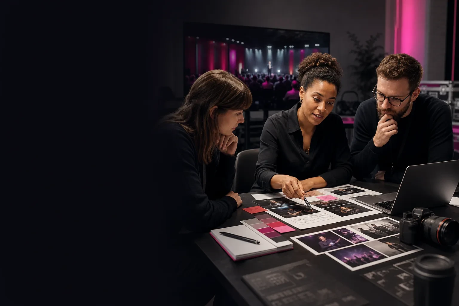 Editorial illustration of a marketing team comparing photography and video coverage plans for a corporate event