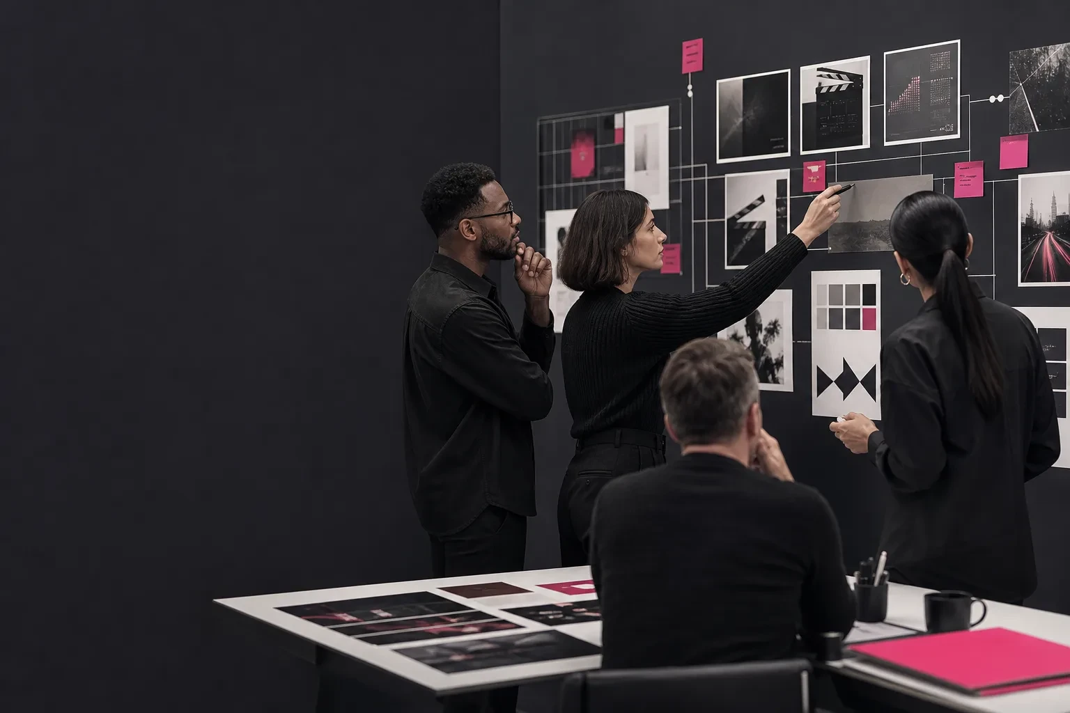 Editorial illustration of a marketing team comparing creative production estimates, deliverables and usage rights