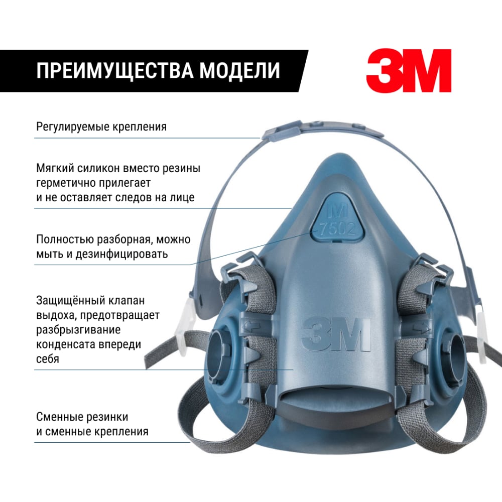Профессиональная маска (полумаска) FFP3 от угарного газа 3M 7502 (M)