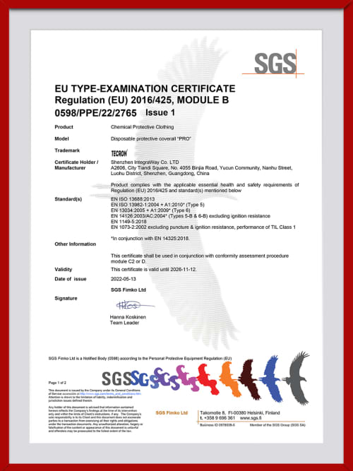 EU Type-Examination Certificate SGS, Regulation (EU) 2016/425, Module B, No. 0598/PPE/22/2765, Issue 1 — Chemical Protective Clothing TECRON PRO