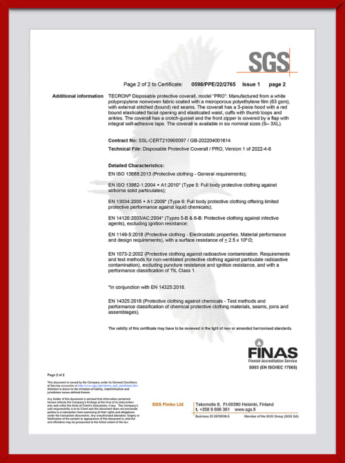 EU Type-Examination Certificate SGS No. 0598/PPE/22/2765, Issue 1 — Page 2 of 2, Detailed Characteristics of TECRON Disposable Protective Coverall PRO