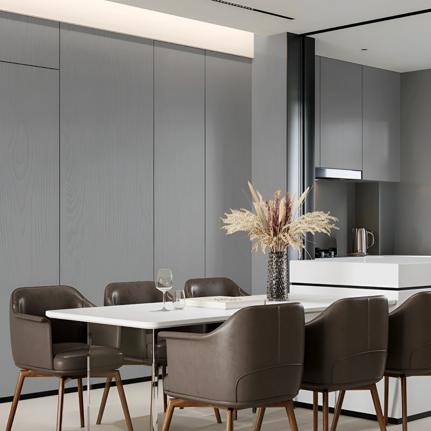 Modern dining room with grey wood grain interior film wall panels