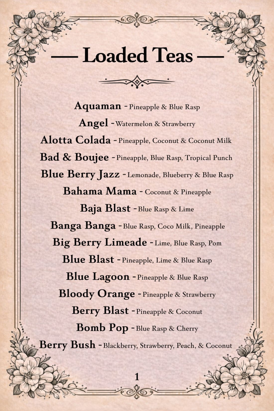 Loaded Teas Menu Page 1