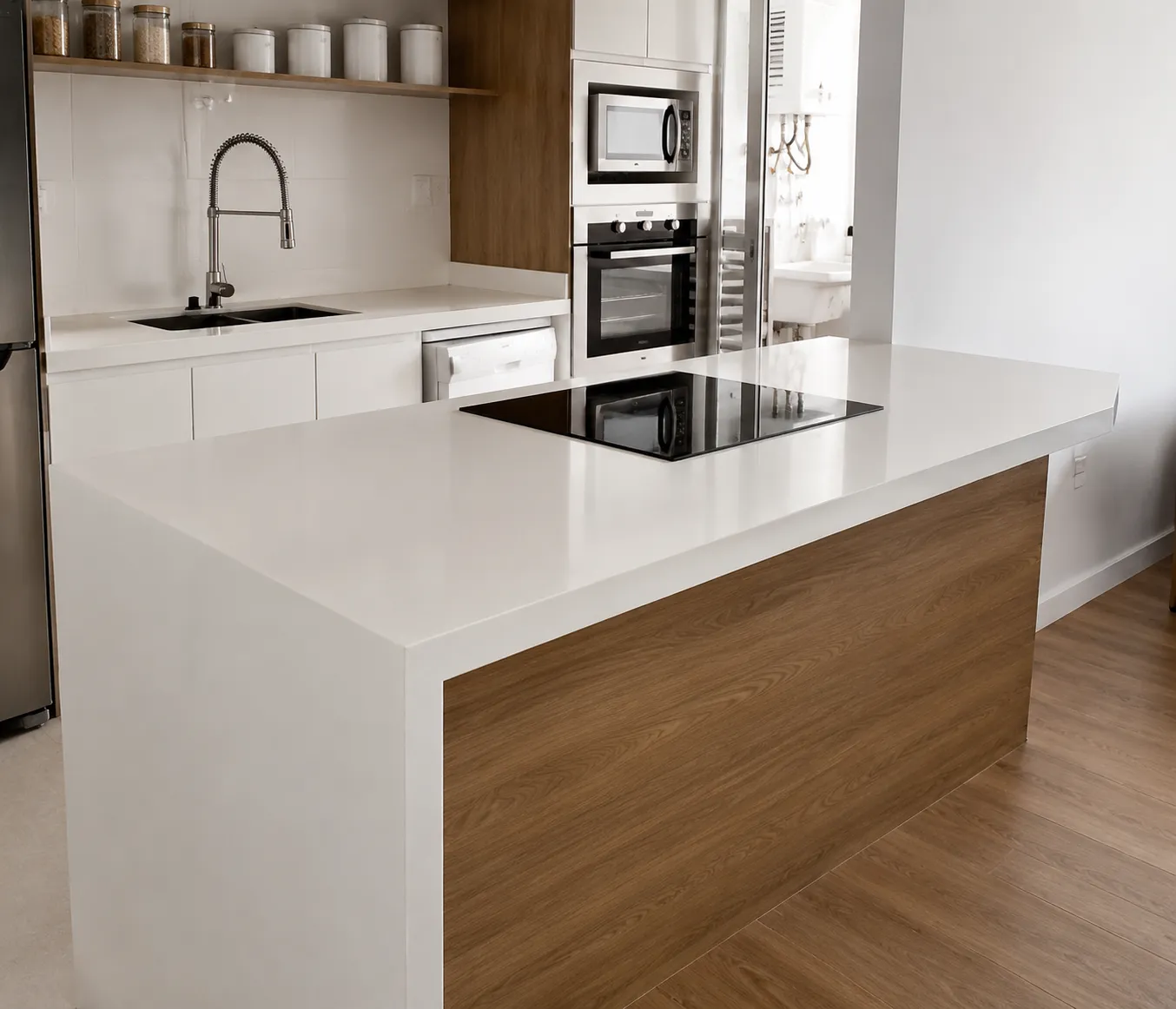 Ilha gourmet em quartzo branco