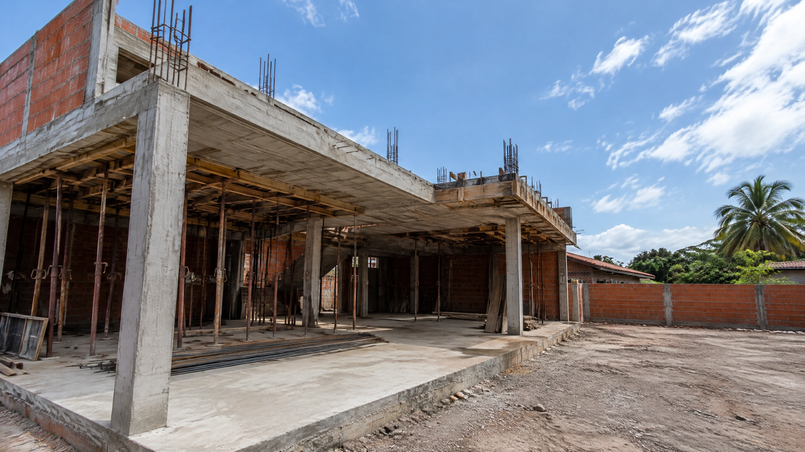 Etapa de preparação de laje maciça em edificação residencial