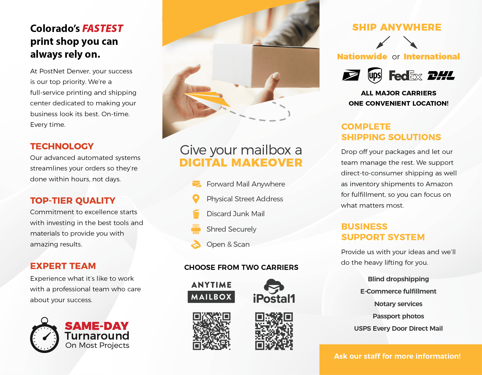 PostNet Denver trifold — inside spread