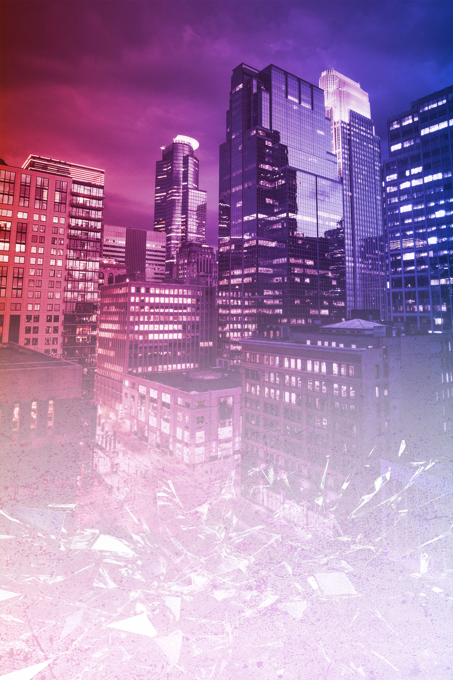 City backdrop after gradient and blend-mode treatment