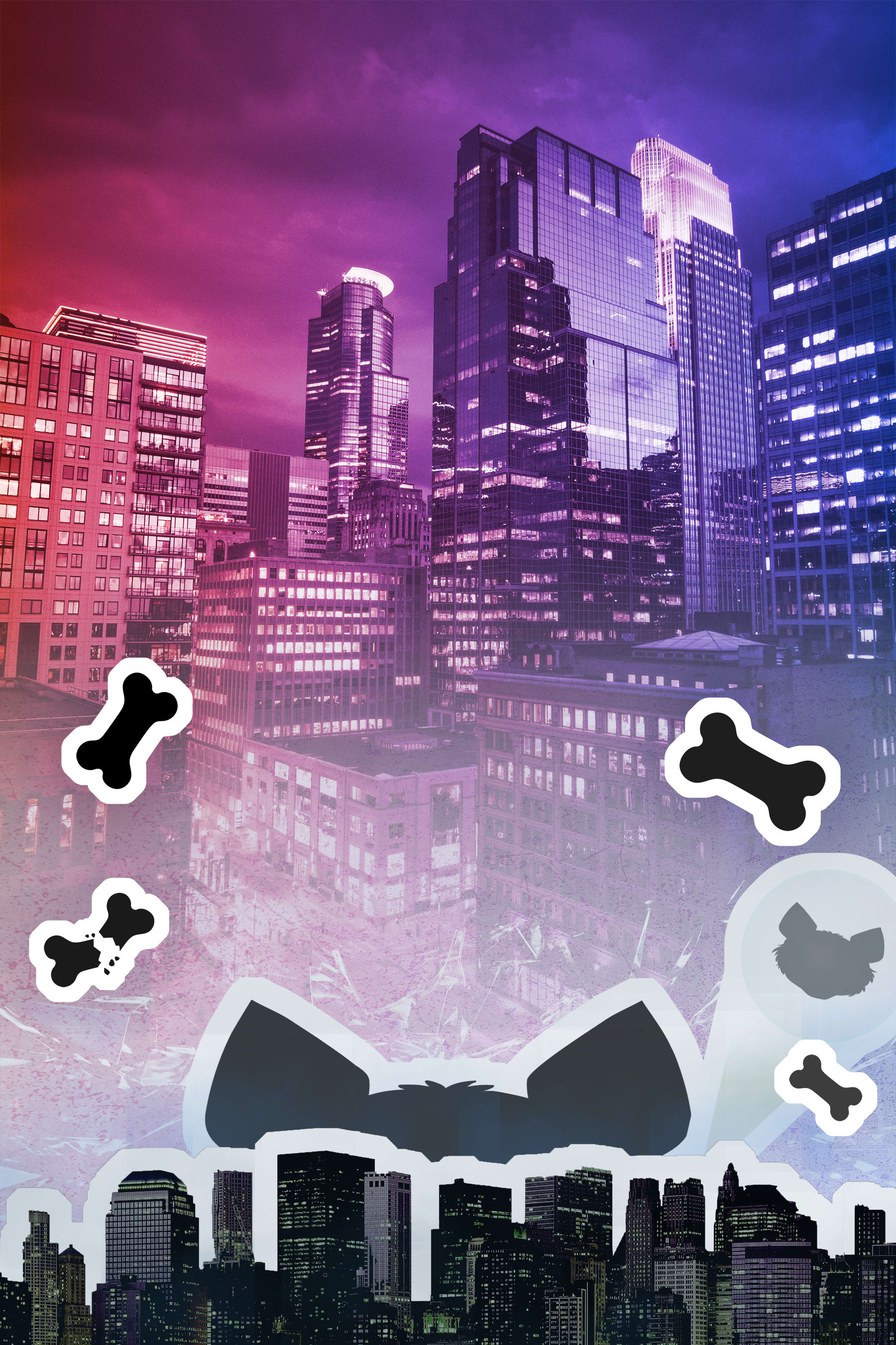 Backdrop with bones, skyline cutouts, and texture layered in -- no dogs yet