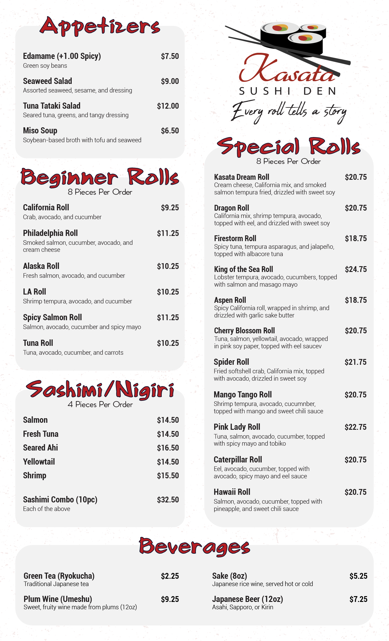 Kasata restaurant menu