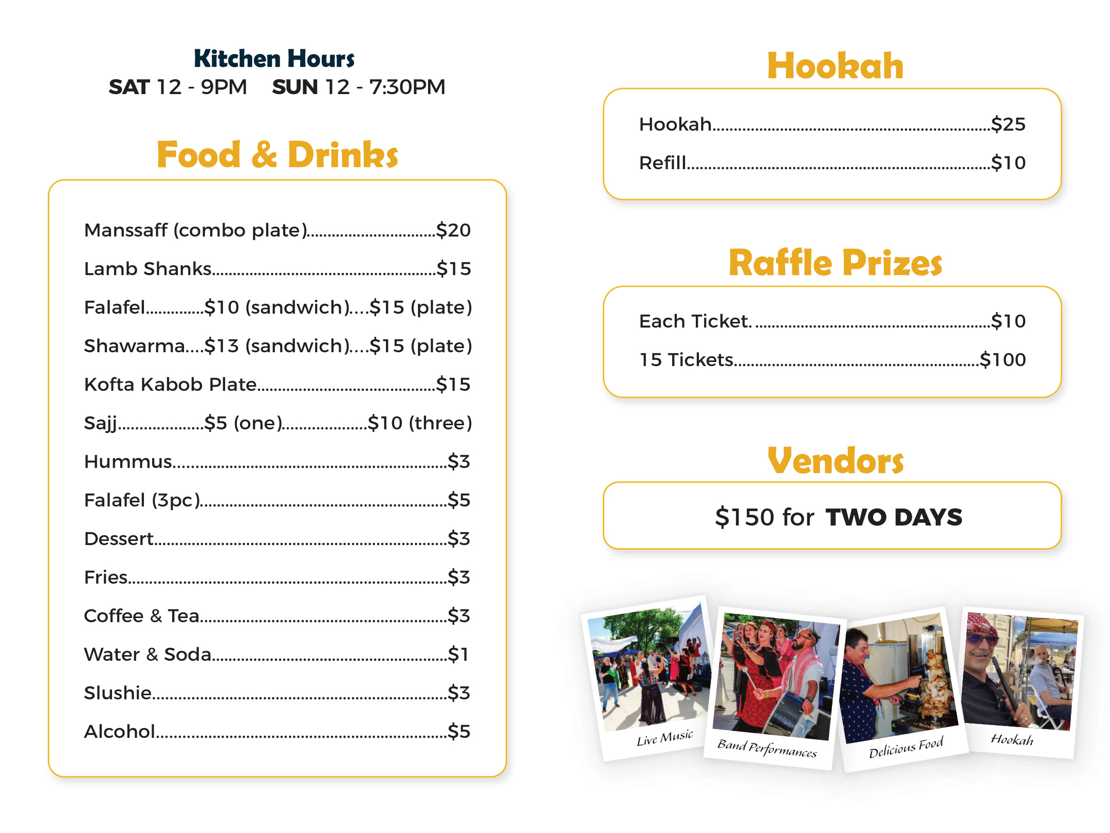 Food and drinks menu with hookah and raffle pricing