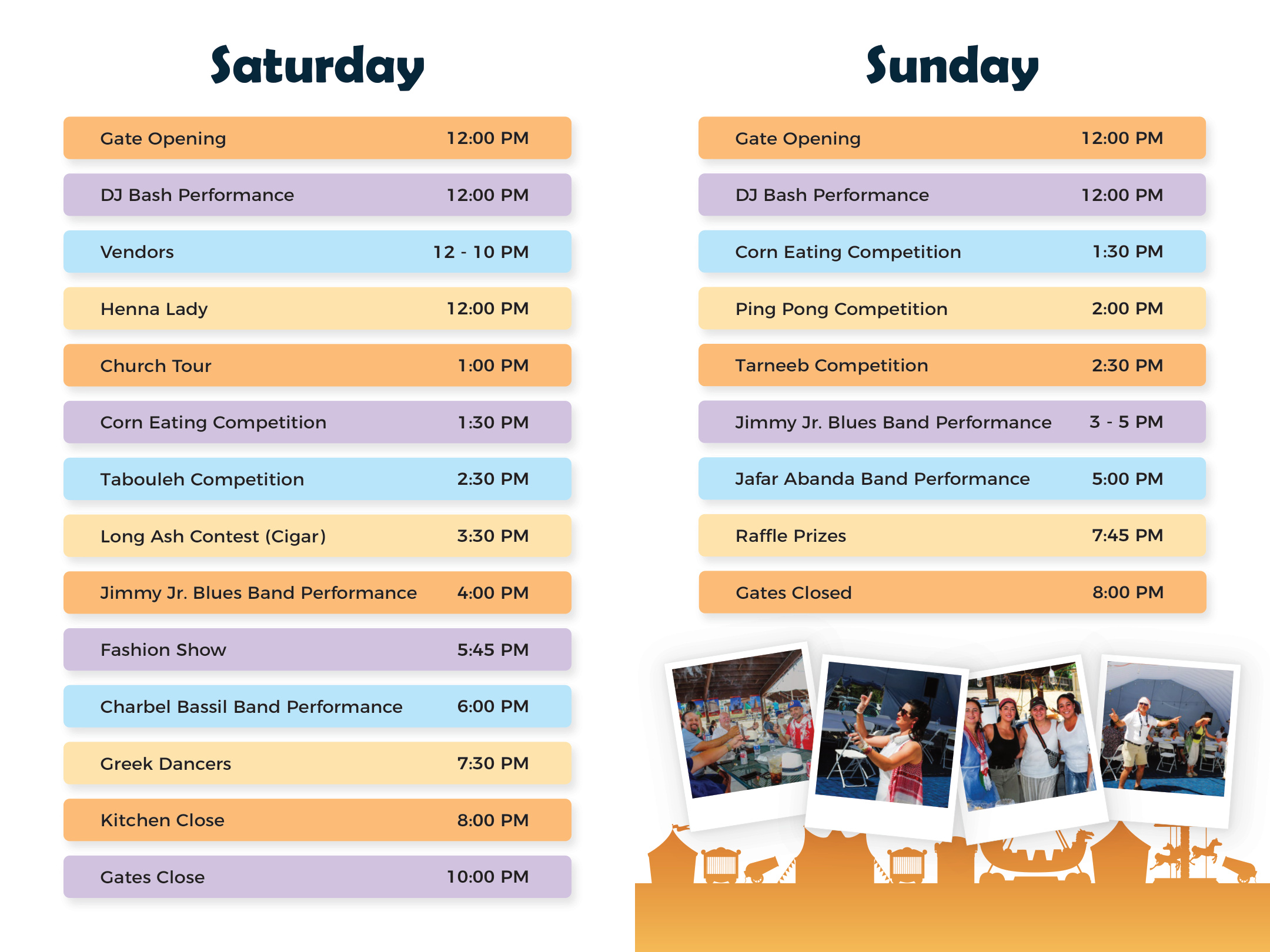 Saturday and Sunday event schedule