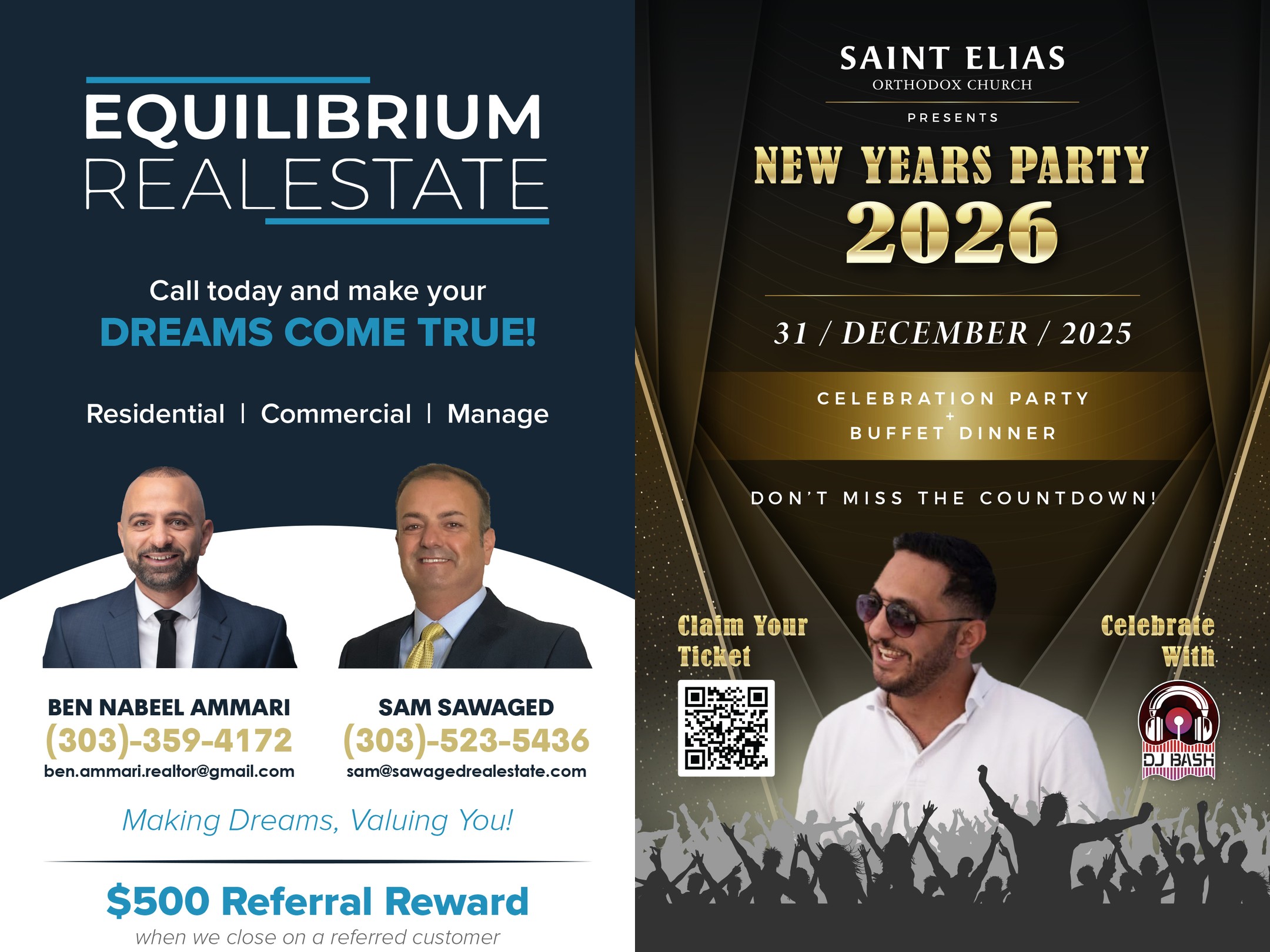Equilibrium Real Estate sponsor ad beside the church New Year's party page