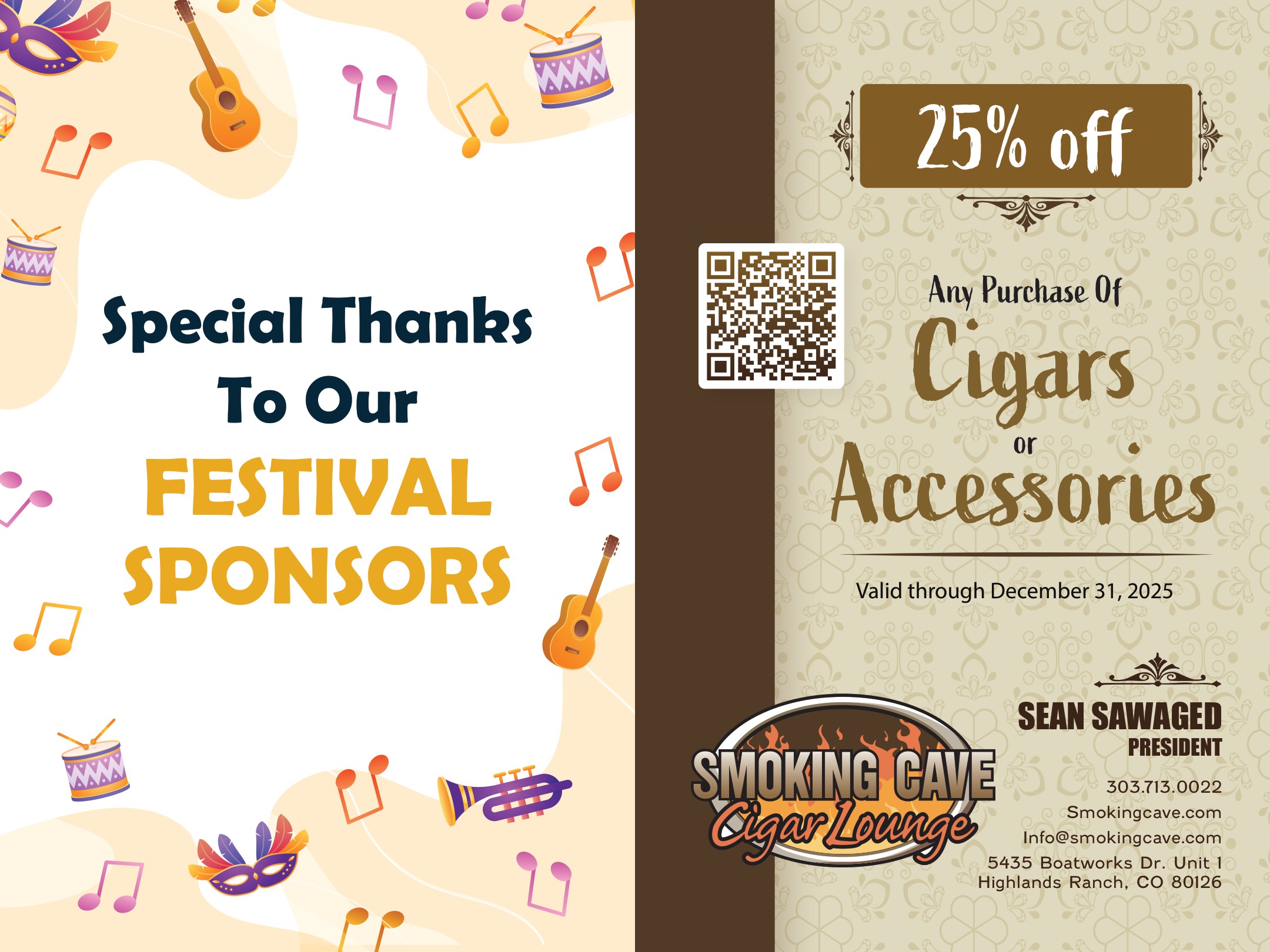 Festival sponsors thank-you page beside the Smoking Cave sponsor ad