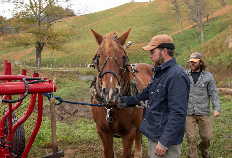 Mountain Works owners with horse used for sustainable horse logging