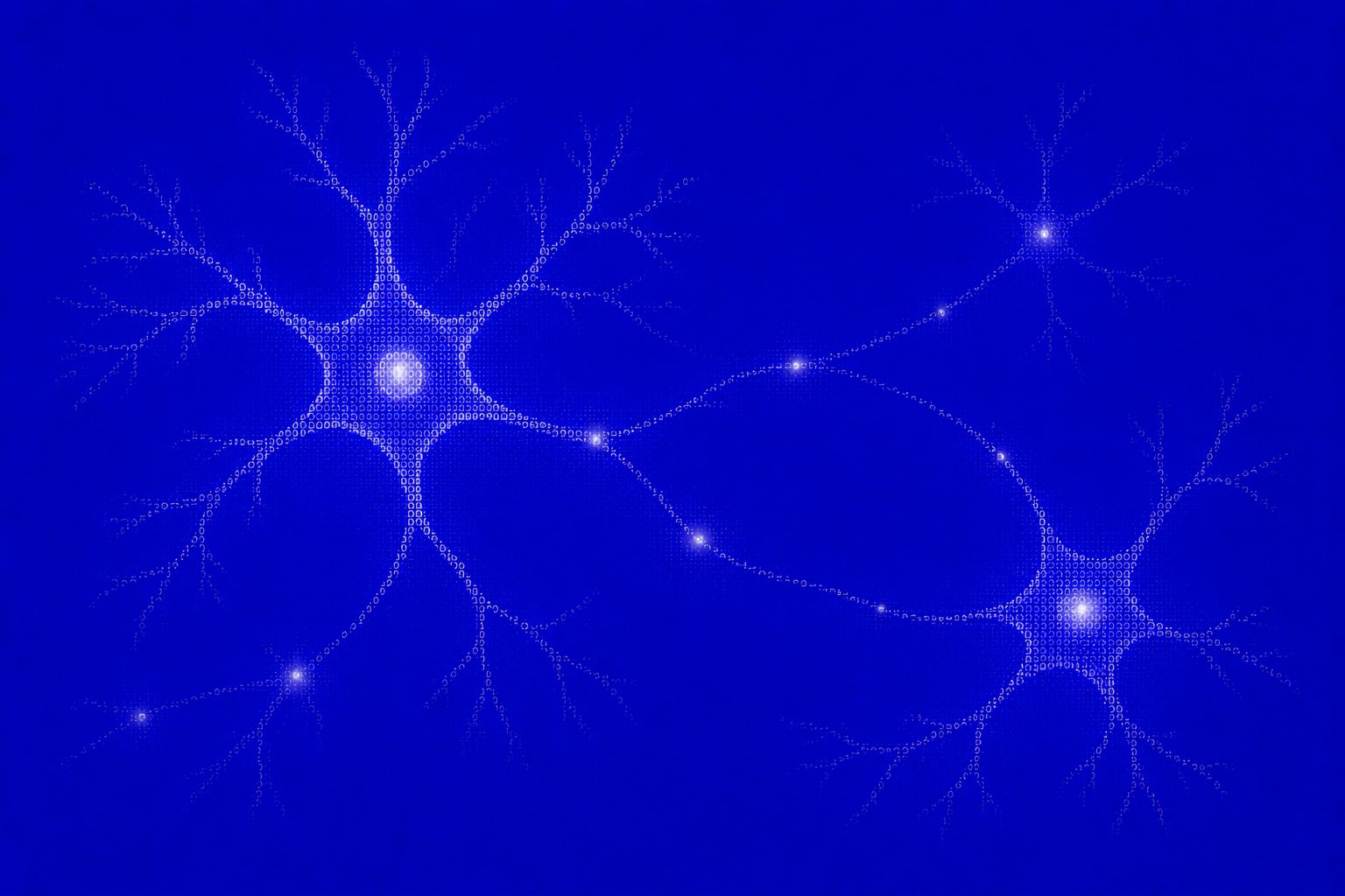 Two glowing neuron-like clusters connected by a sparse particle network, rendered in white pixel-dots on a deep royal-blue background.