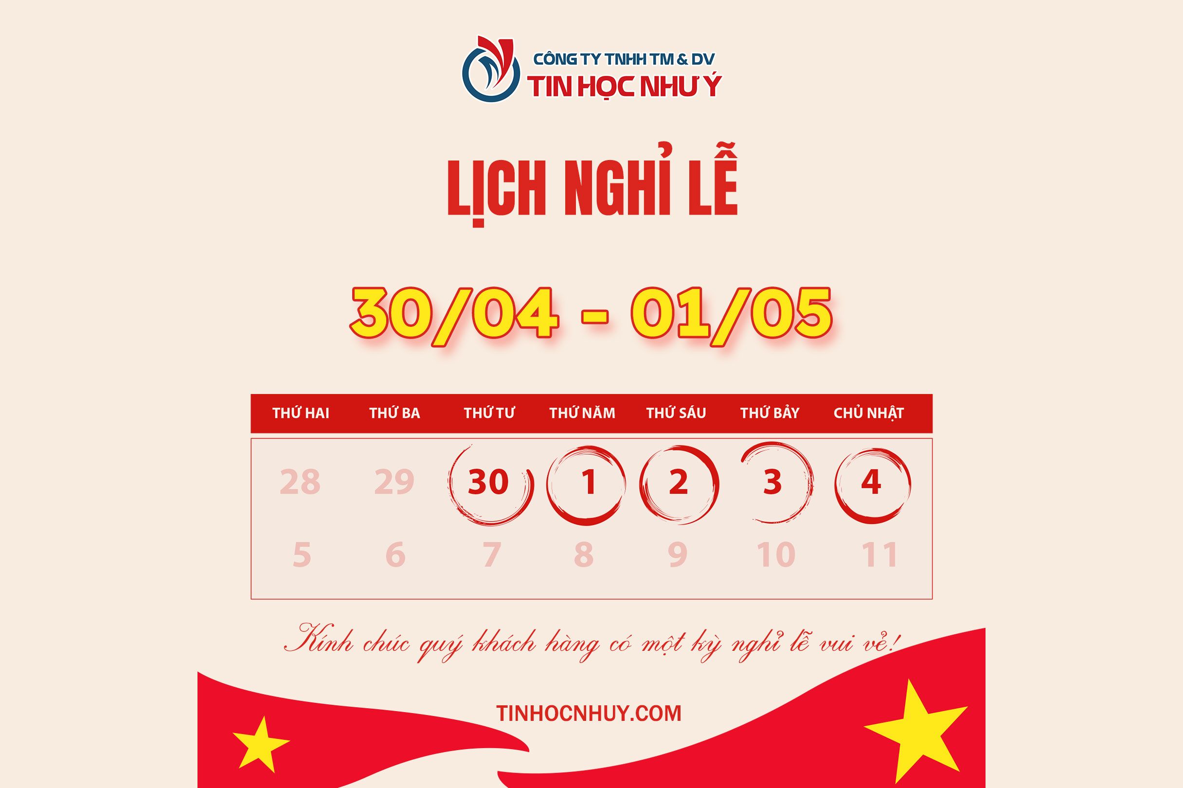 Thông báo lịch nghỉ lễ 30/04 – 01/05 năm 2025