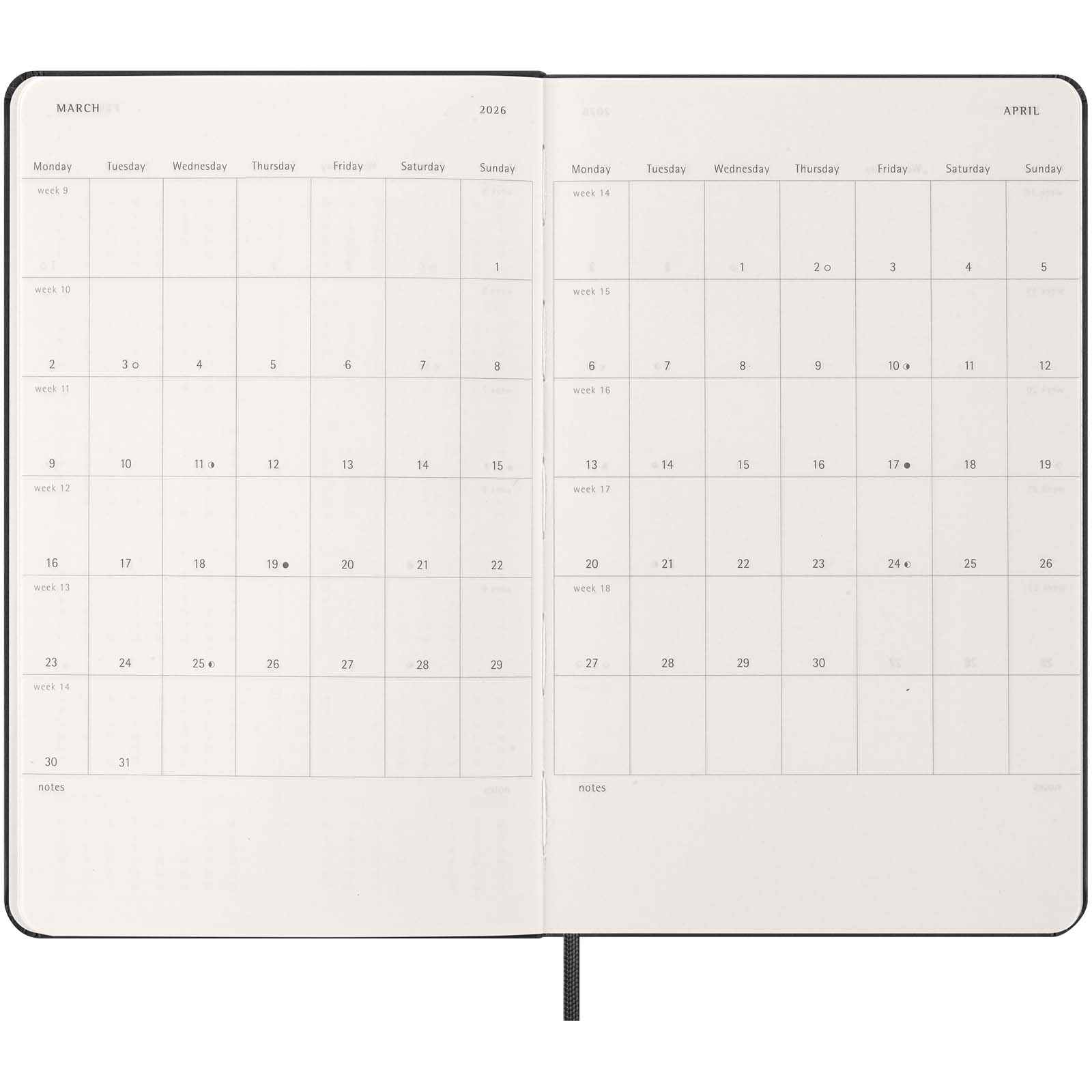 Agenda L hebdomadaire horizontal 12 mois Moleskine à couverture rigide