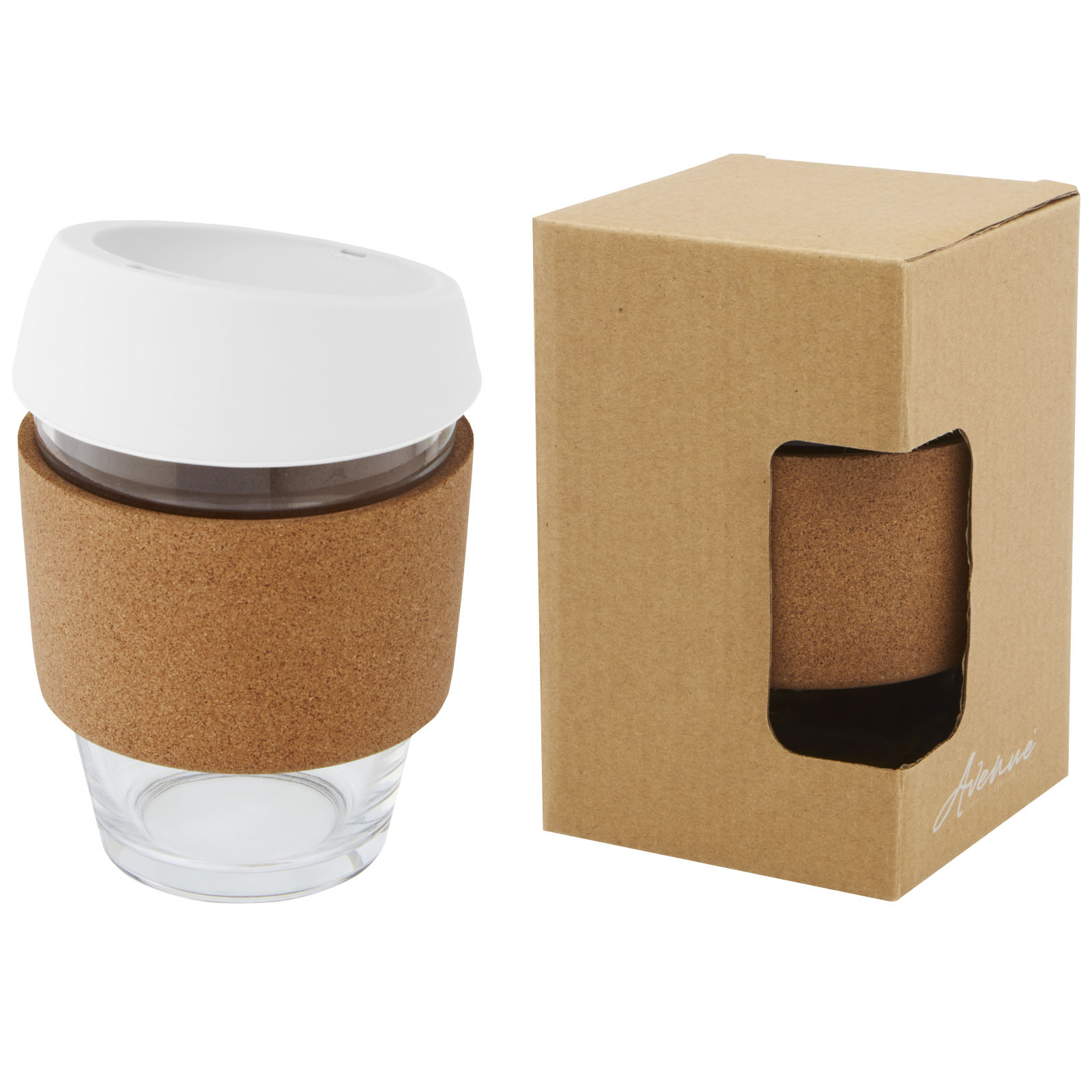 Gobelet Lidan de 360 ml en verre borosilicate avec grip en liège et couvercle en silicone