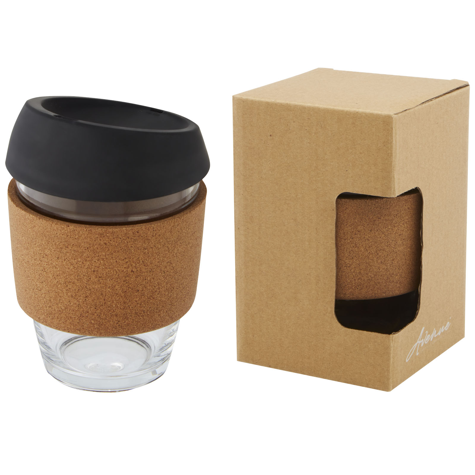 Gobelet Lidan de 360 ml en verre borosilicate avec grip en liège et couvercle en silicone