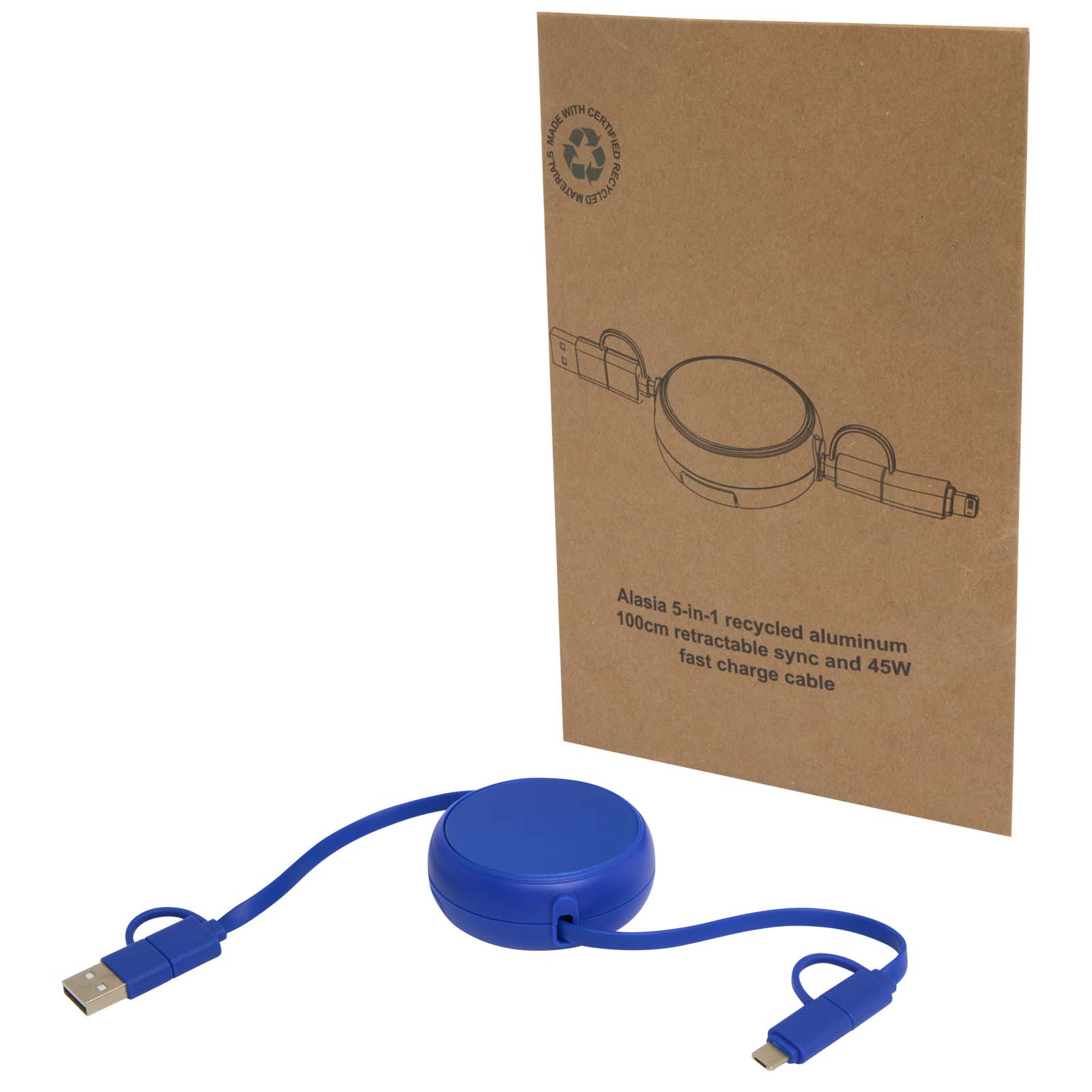 Câble rétractable 5 en 1 Alasia de 100 cm en plastique recyclé et aluminium pour la synchronisation des données et la charge