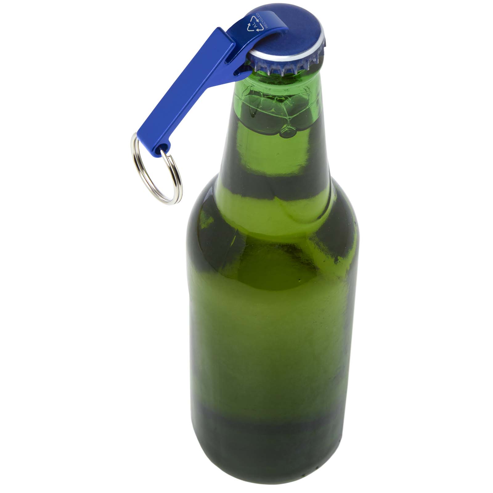 Ouvre-bouteille et canette Tao en aluminium recyclé certifié RCS avec porte-clés