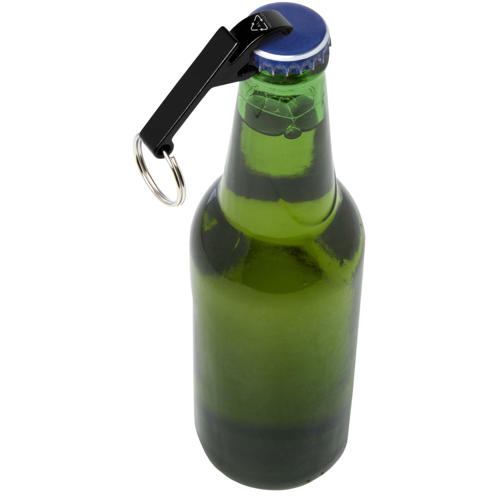 Ouvre-bouteille et canette Tao en aluminium recyclé certifié RCS avec porte-clés