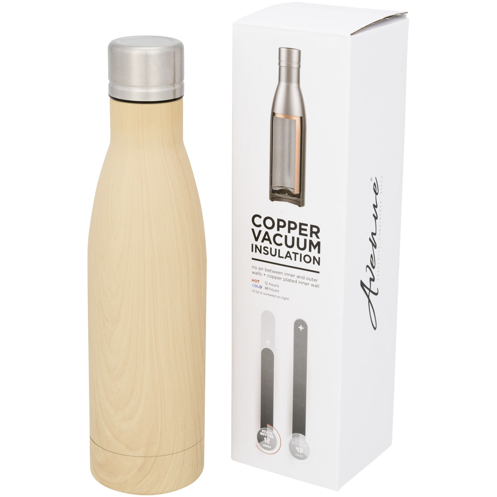 Bouteille isotherme Vasa imitation bois sous vide avec couche de cuivre de 500 ml