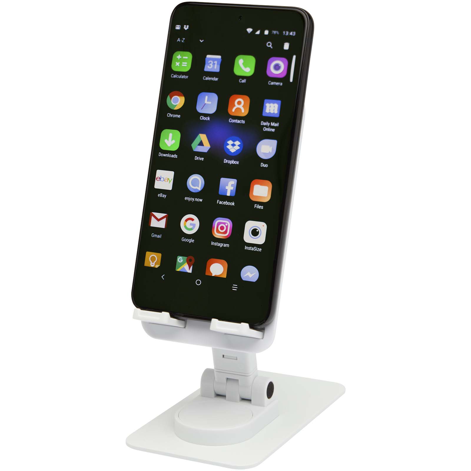 Support de téléphone Alhena pliable en plastique recyclé avec support de bureau en métal