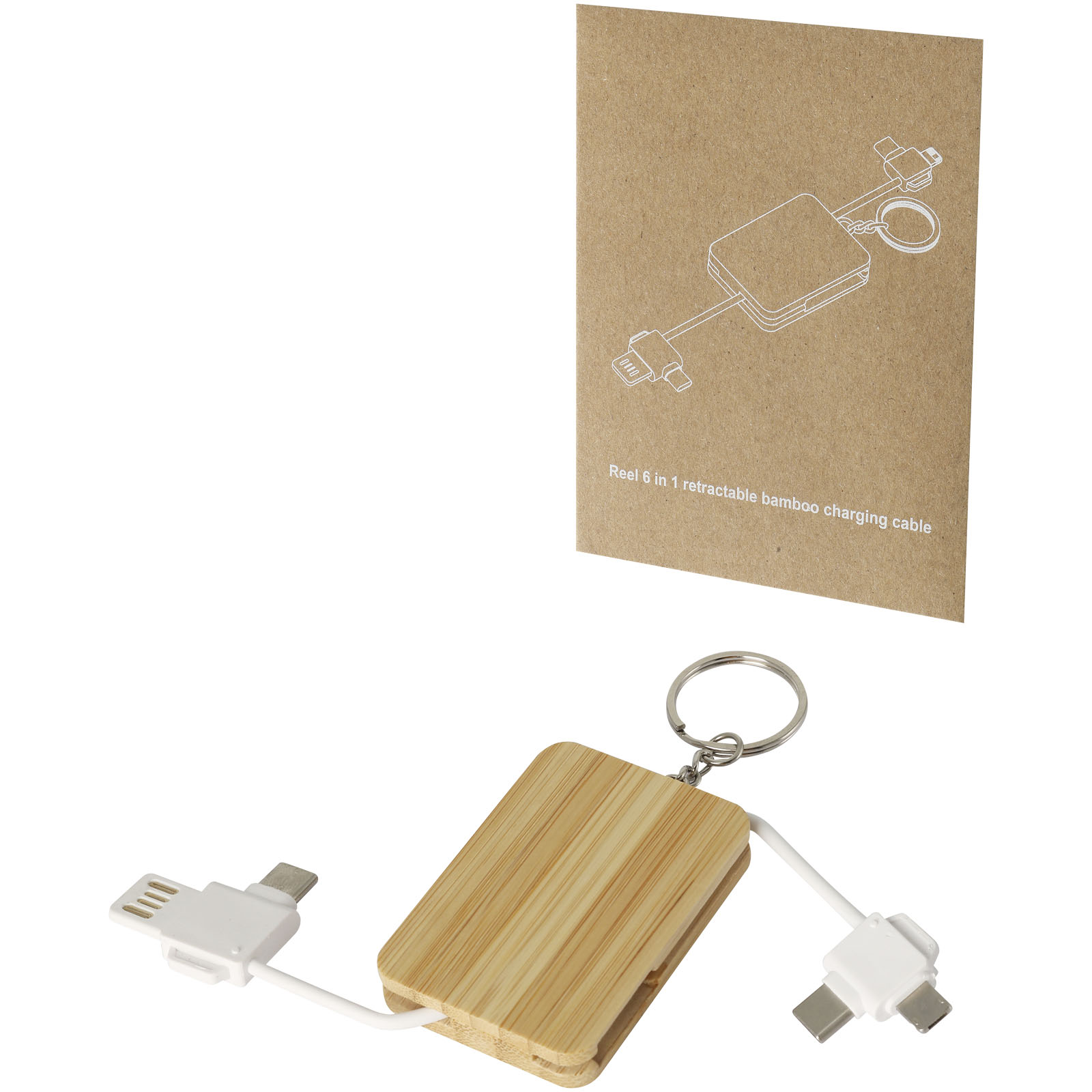 Câble de chargement Reel porte-clés en bambou rétractable 6-en-1