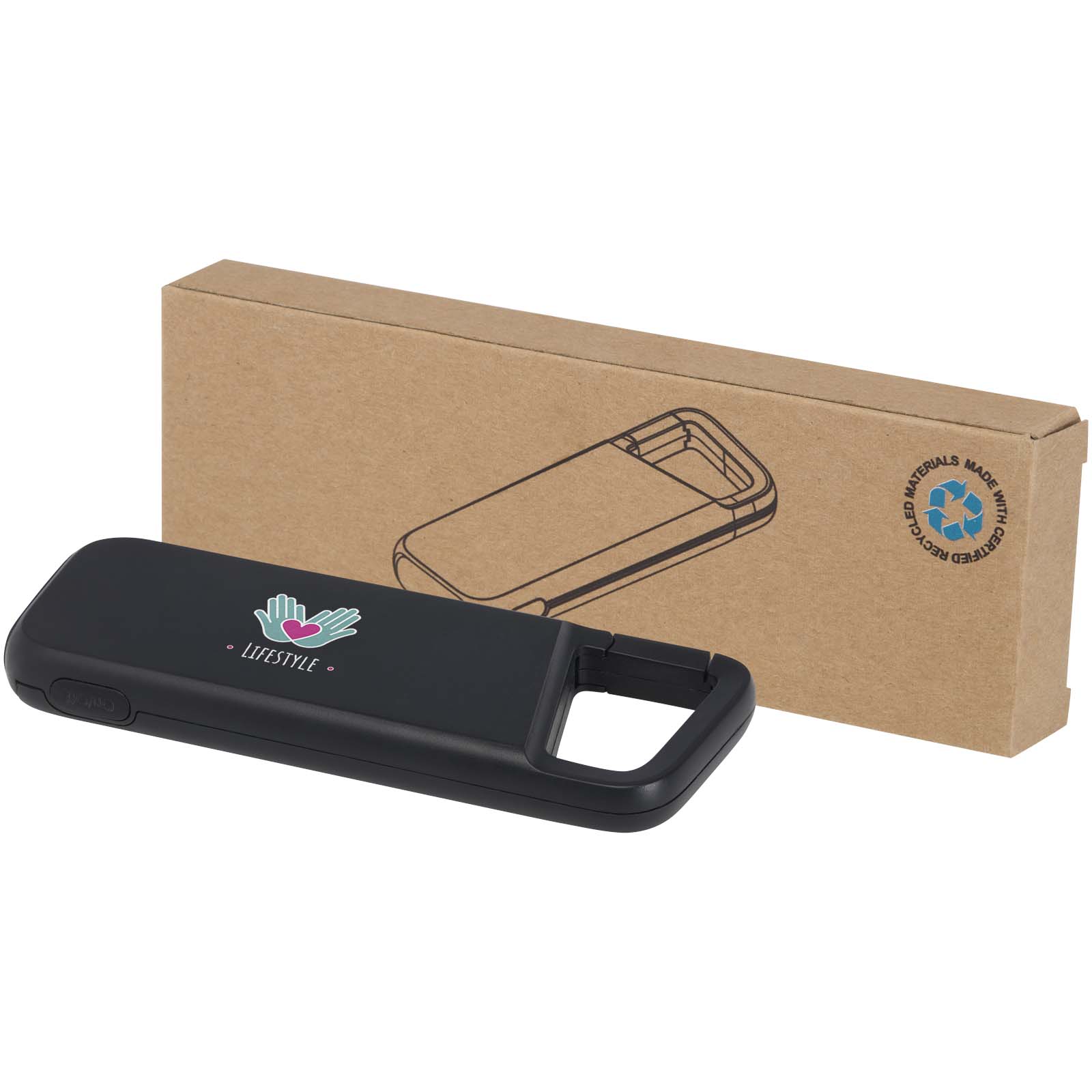 Batterie externe Alkes de 5 000 mAh et 12 W en plastique recyclé résistante à l’eau avec mousqueton
