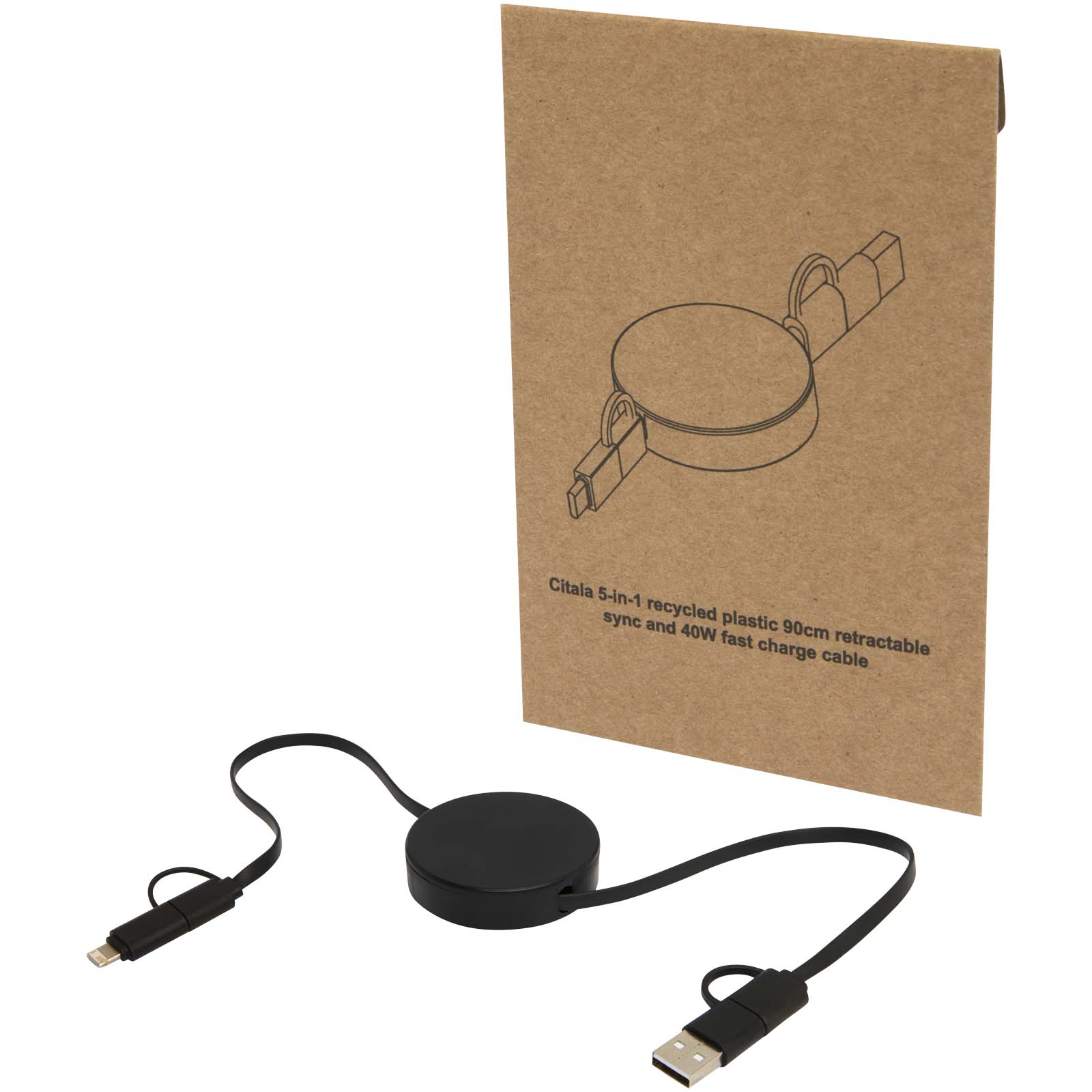 Câble rétractable 5 en 1 Citala en plastique recyclé de 90 cm pour la synchronisation des données et la charge rapide de 40 W