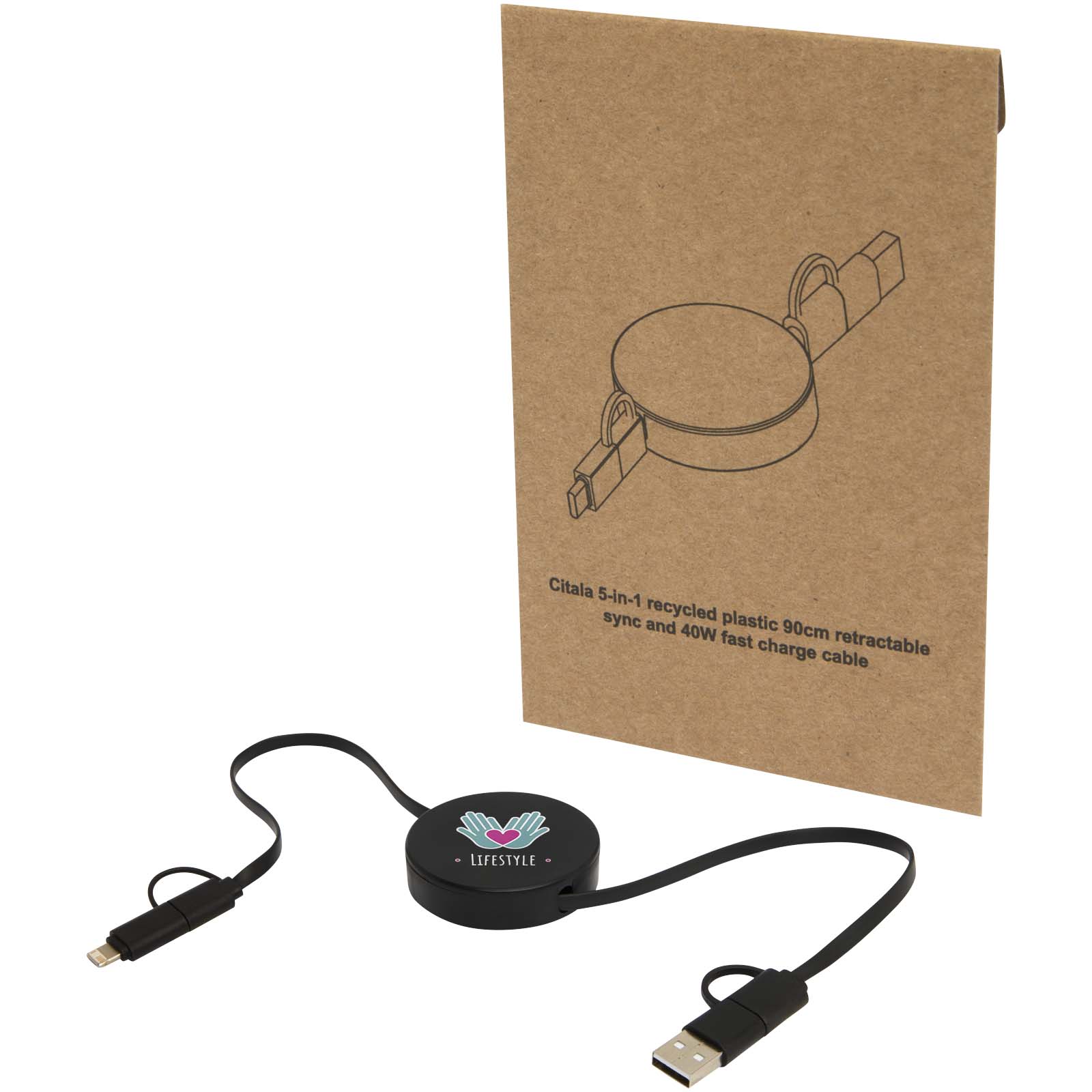 Câble rétractable 5 en 1 Citala en plastique recyclé de 90 cm pour la synchronisation des données et la charge rapide de 40 W