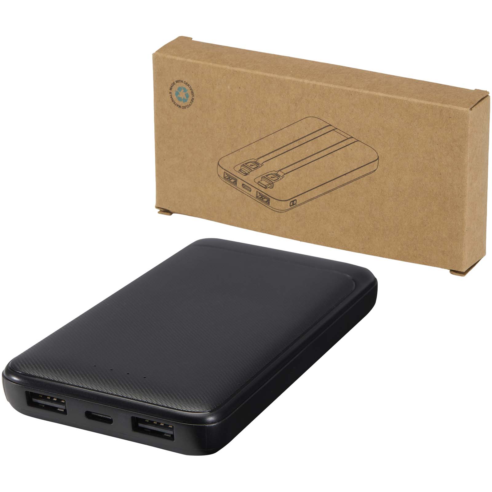 Batterie de secours Adhil de 10 000 mAh et 10 W en plastique recyclé avec 2 câbles intégrés