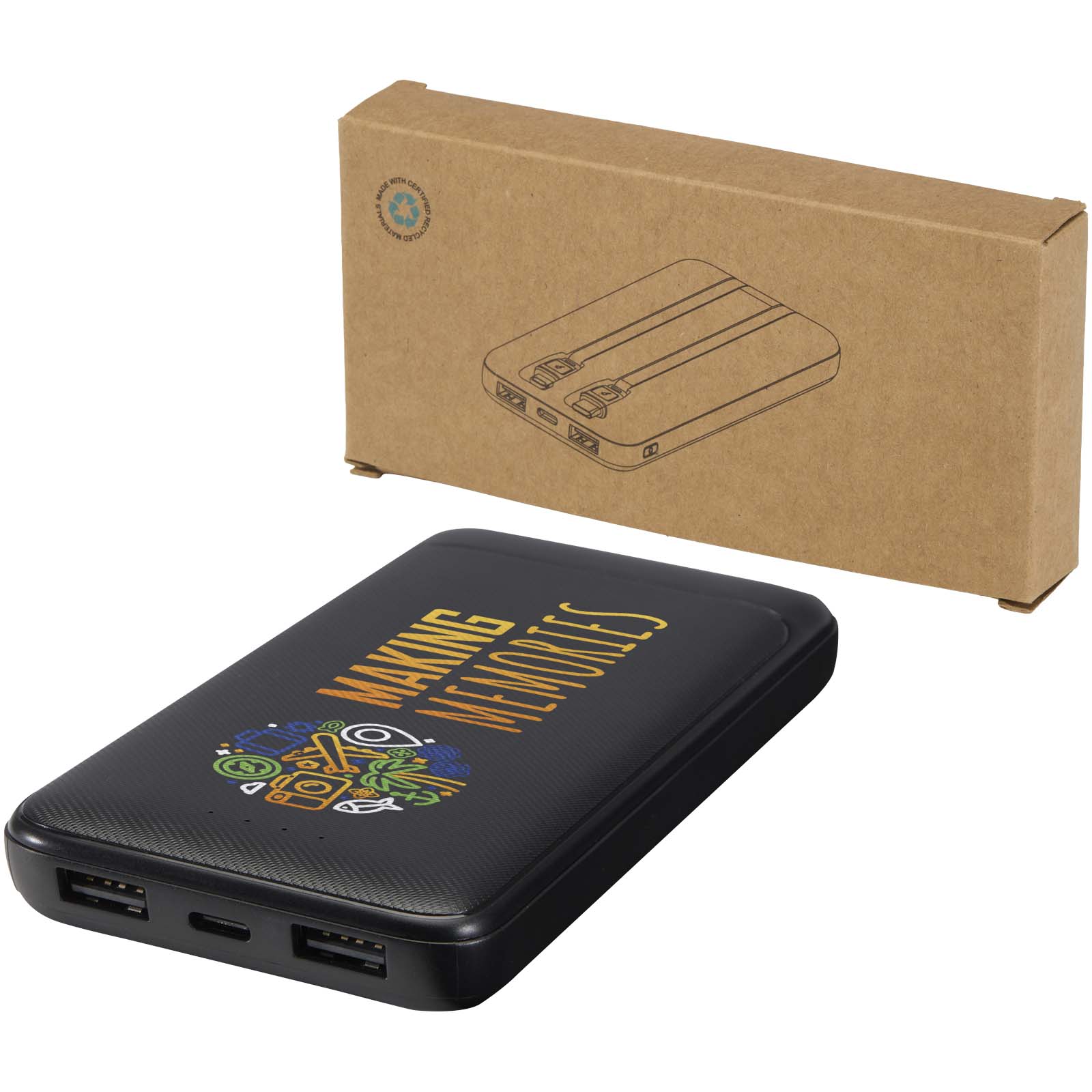 Batterie de secours Adhil de 10 000 mAh et 10 W en plastique recyclé avec 2 câbles intégrés