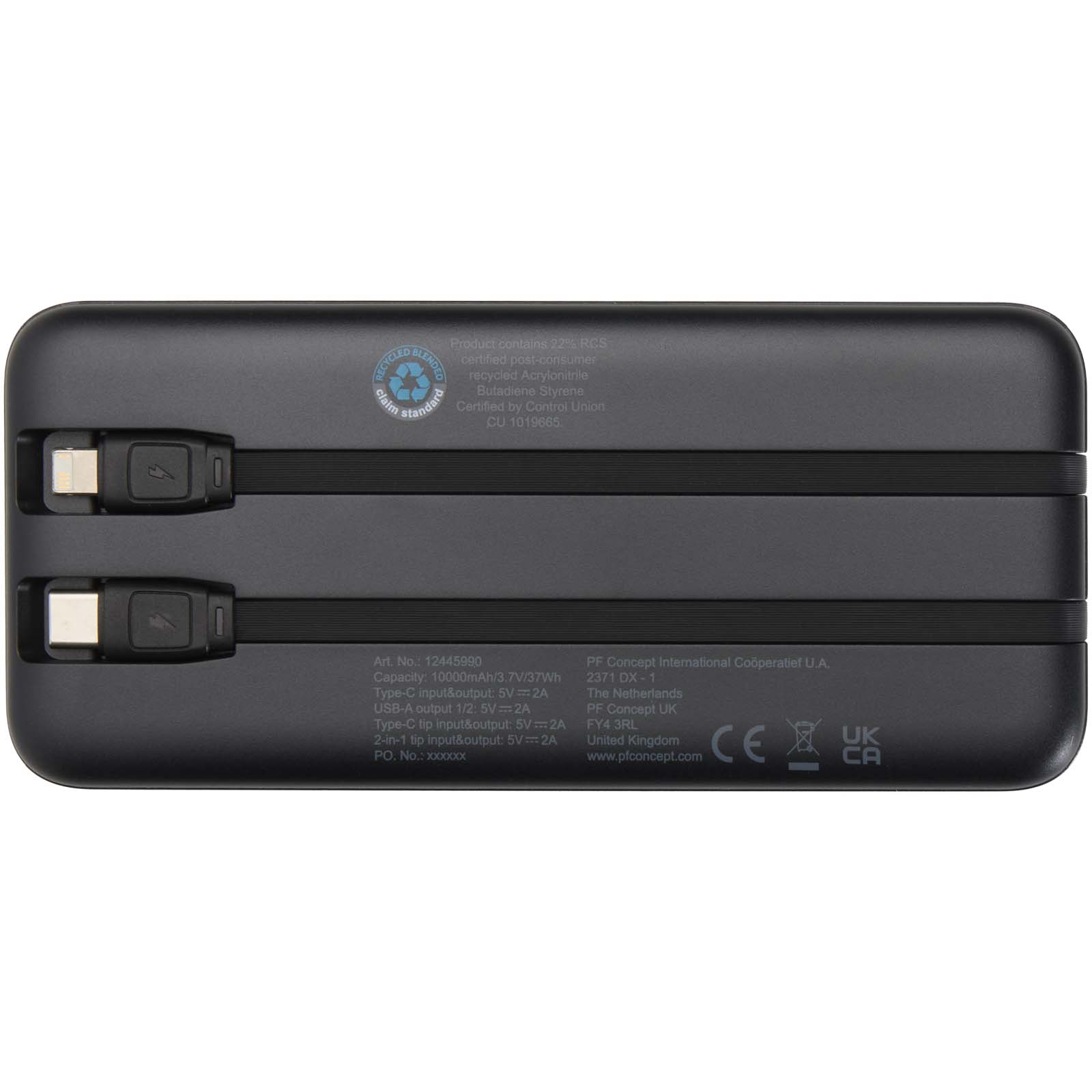 Batterie de secours Adhil de 10 000 mAh et 10 W en plastique recyclé avec 2 câbles intégrés