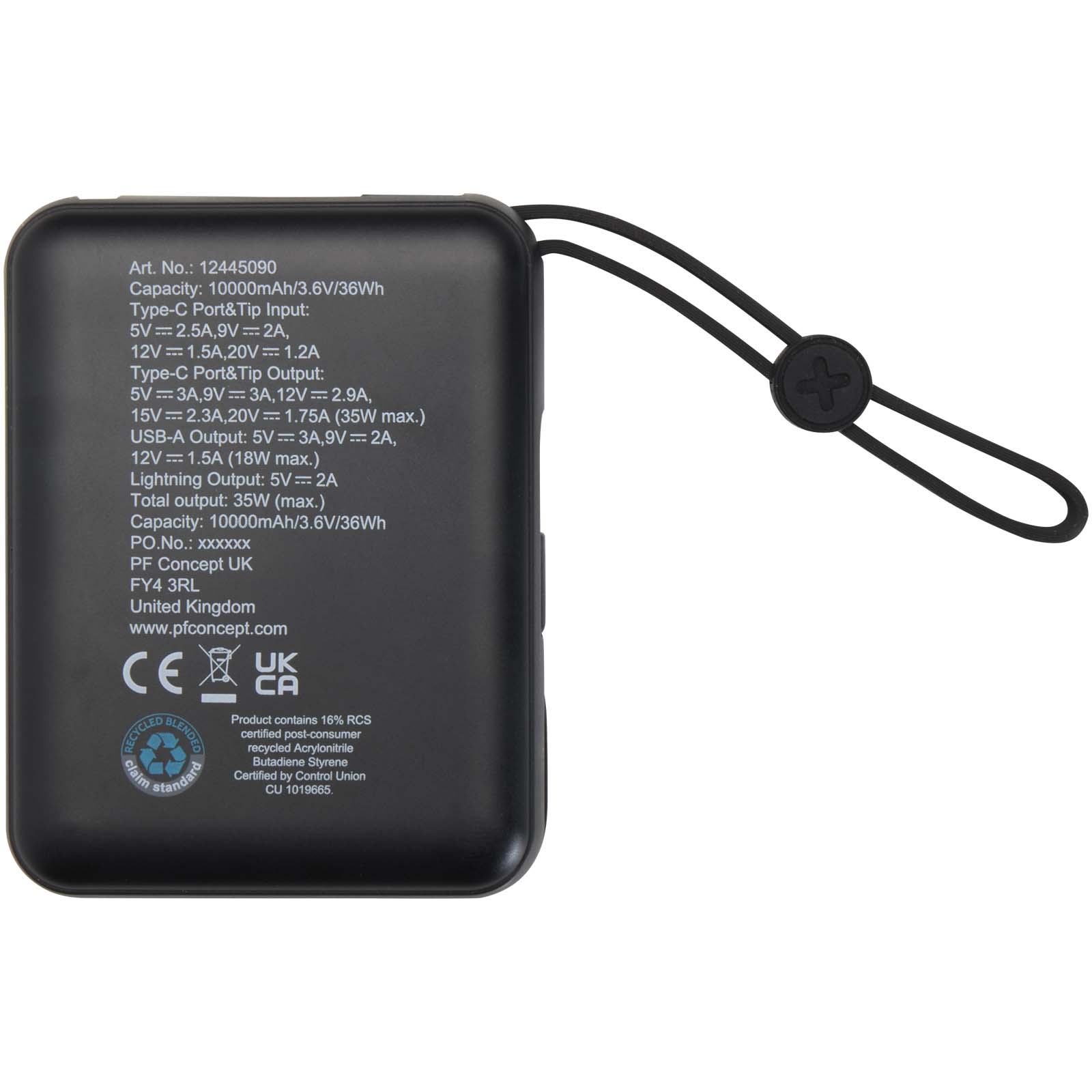 Batterie externe Acrux de 10 000 mAh et 35 W pour tablette avec câble Type-C intégré - fabriquée en plastique recyclé