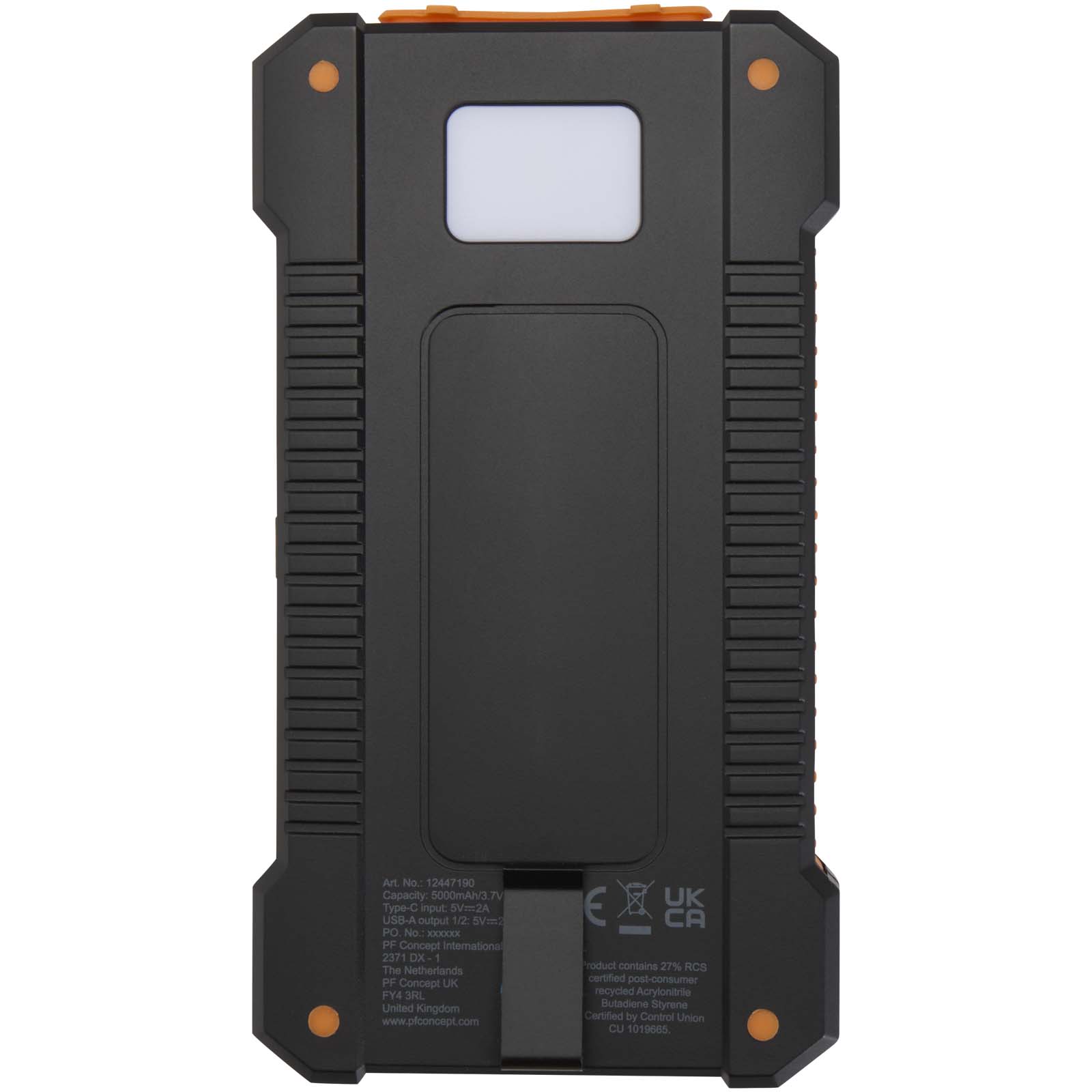 Batterie de secours solaire Altair robuste de 5 000 mAh et 10 W en plastique recyclé avec lampe de poche intégrée