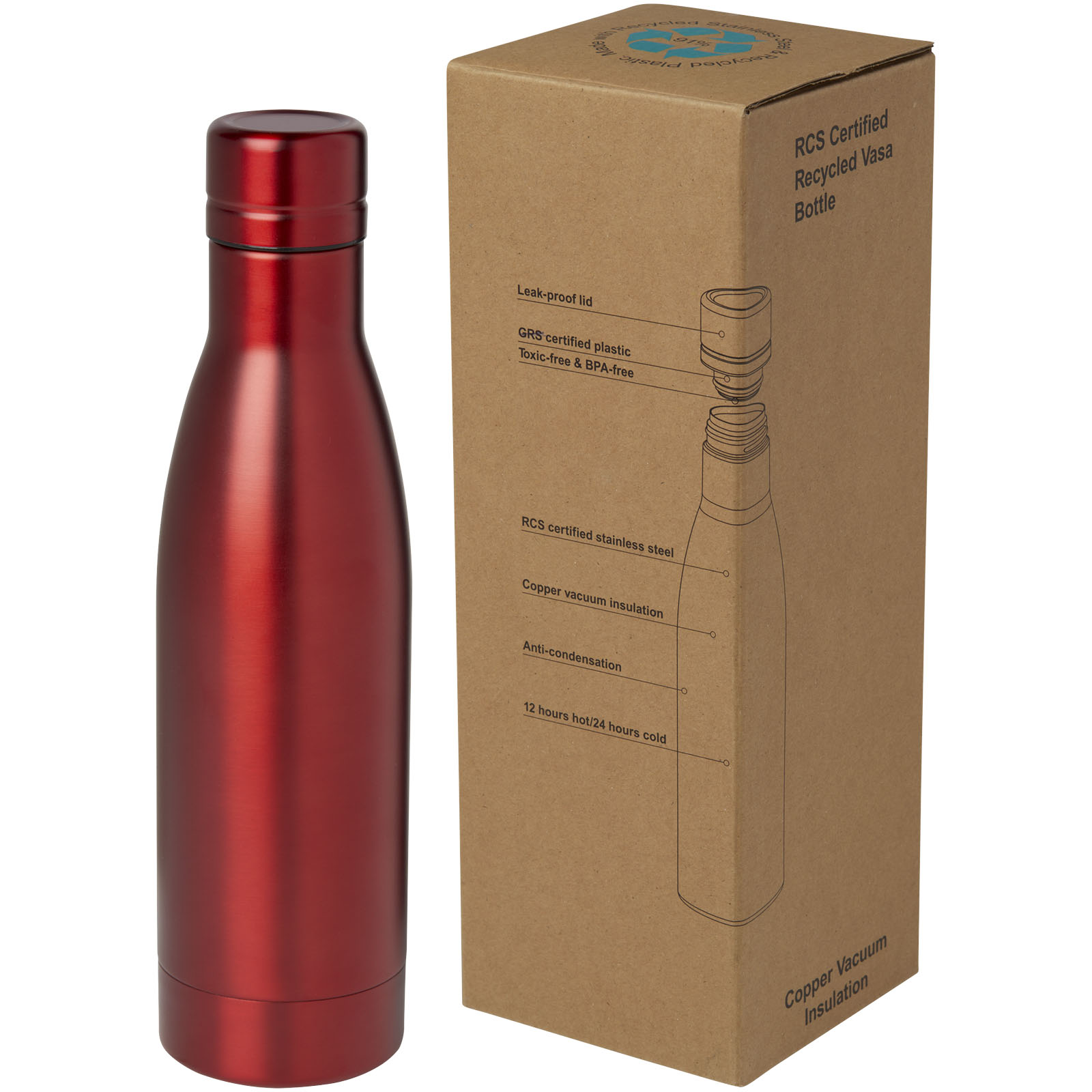Bouteille isotherme Vasa en acier inoxydable recyclé certifié RCS de 500 ml avec isolation par le vide et couche de cuivre
