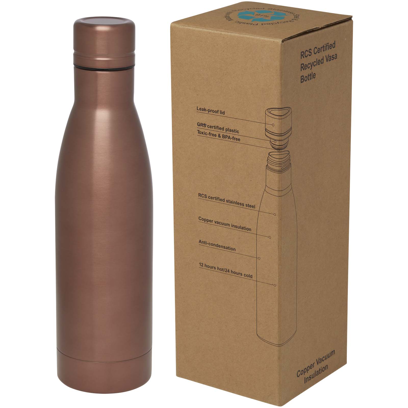 Bouteille isotherme Vasa en acier inoxydable recyclé certifié RCS de 500 ml avec isolation par le vide et couche de cuivre