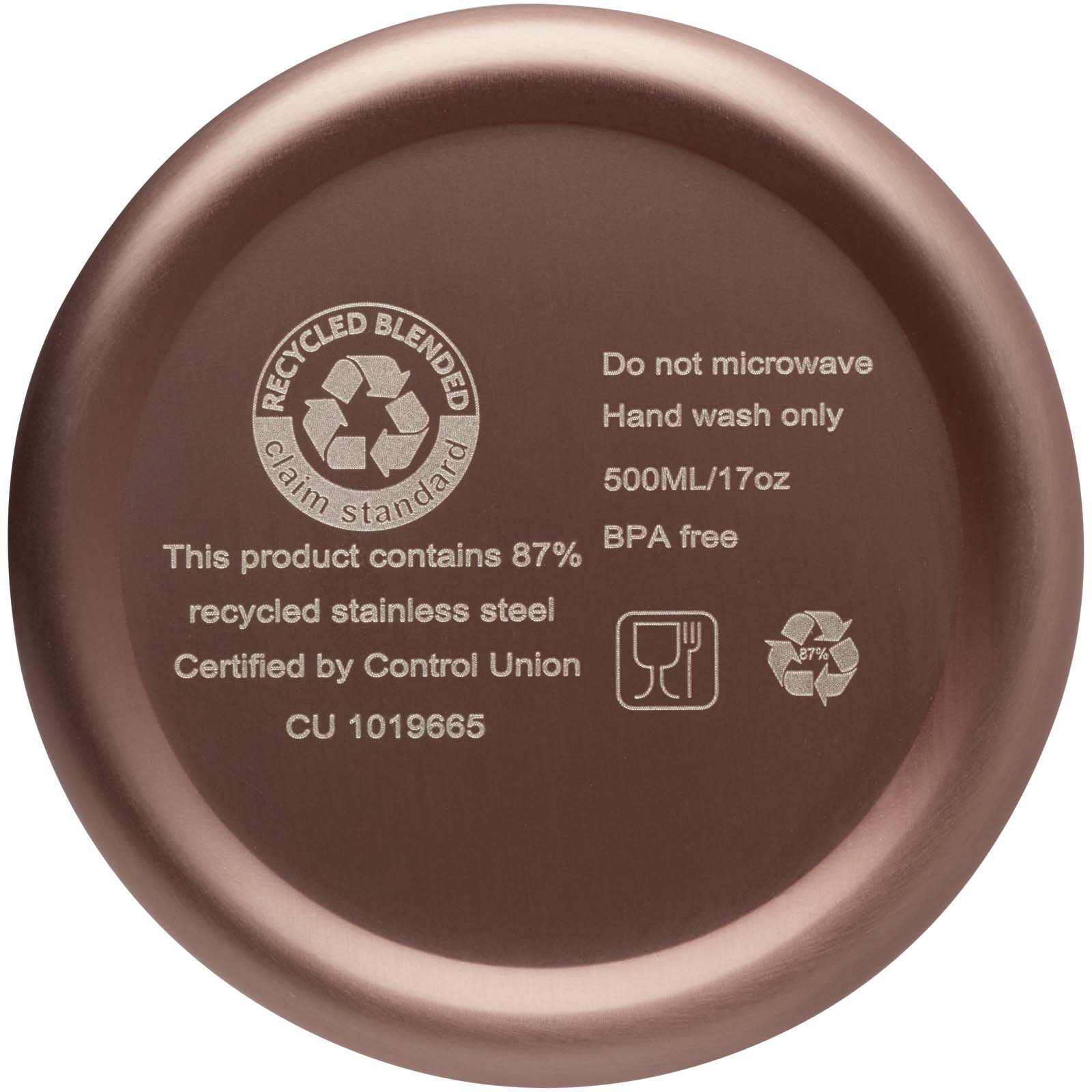 Bouteille isotherme Vasa en acier inoxydable recyclé certifié RCS de 500 ml avec isolation par le vide et couche de cuivre