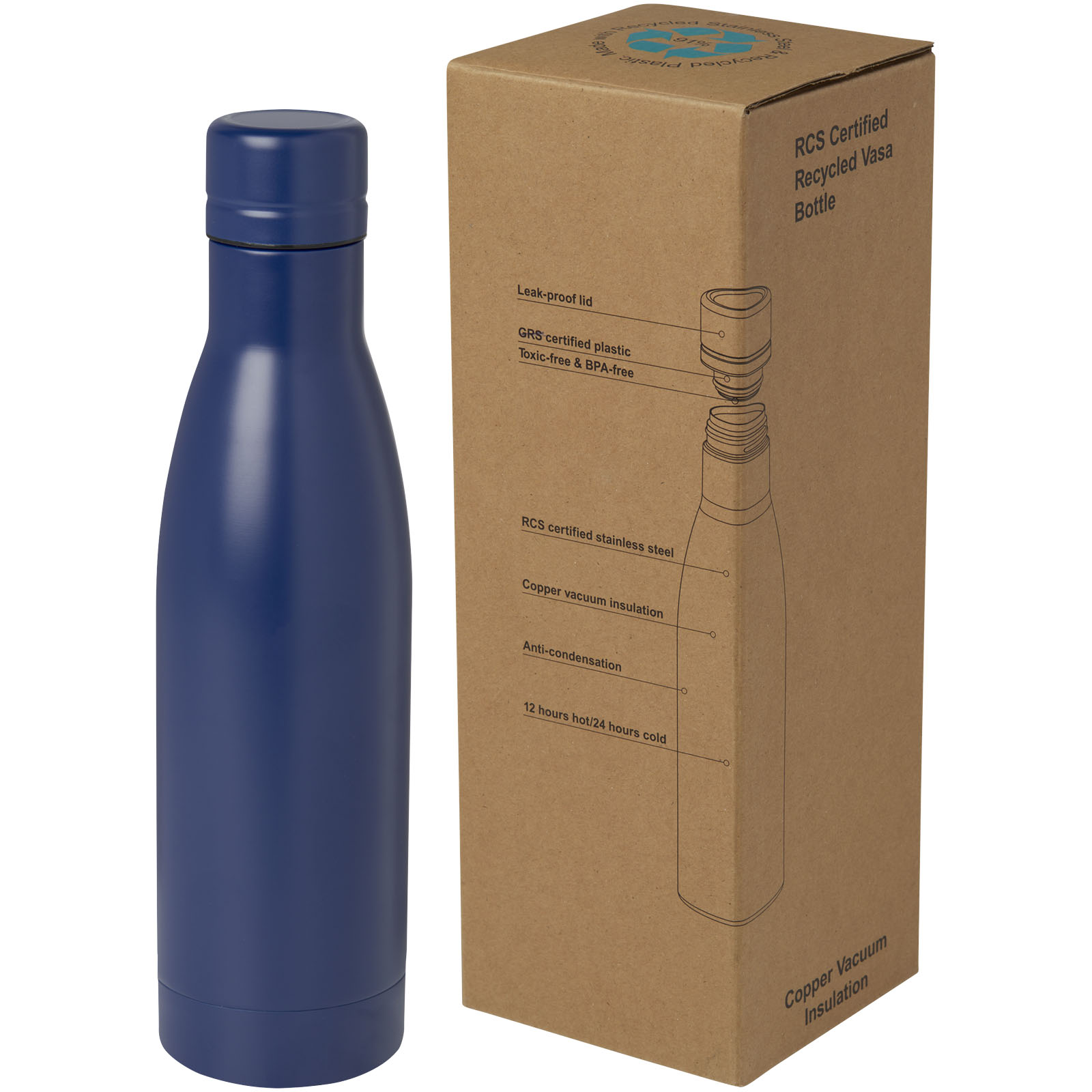 Bouteille isotherme Vasa en acier inoxydable recyclé certifié RCS de 500 ml avec isolation par le vide et couche de cuivre