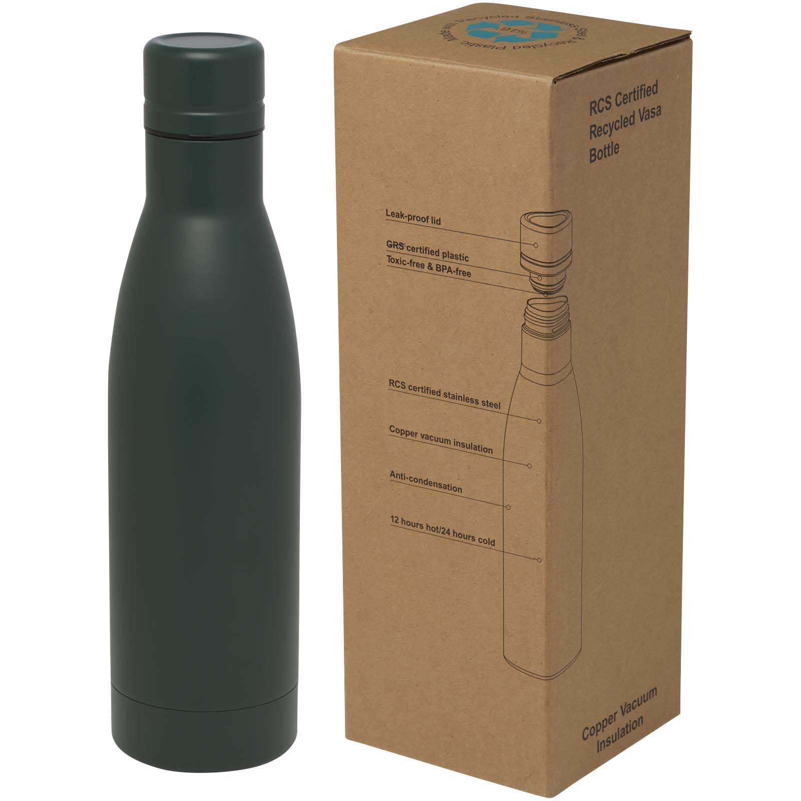 Bouteille isotherme Vasa en acier inoxydable recyclé certifié RCS de 500 ml avec isolation par le vide et couche de cuivre