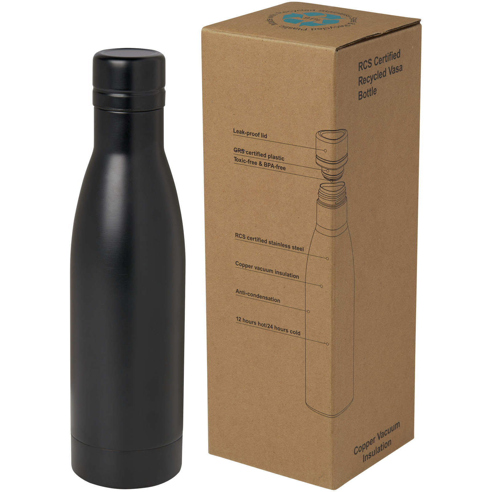 Bouteille isotherme Vasa en acier inoxydable recyclé certifié RCS de 500 ml avec isolation par le vide et couche de cuivre