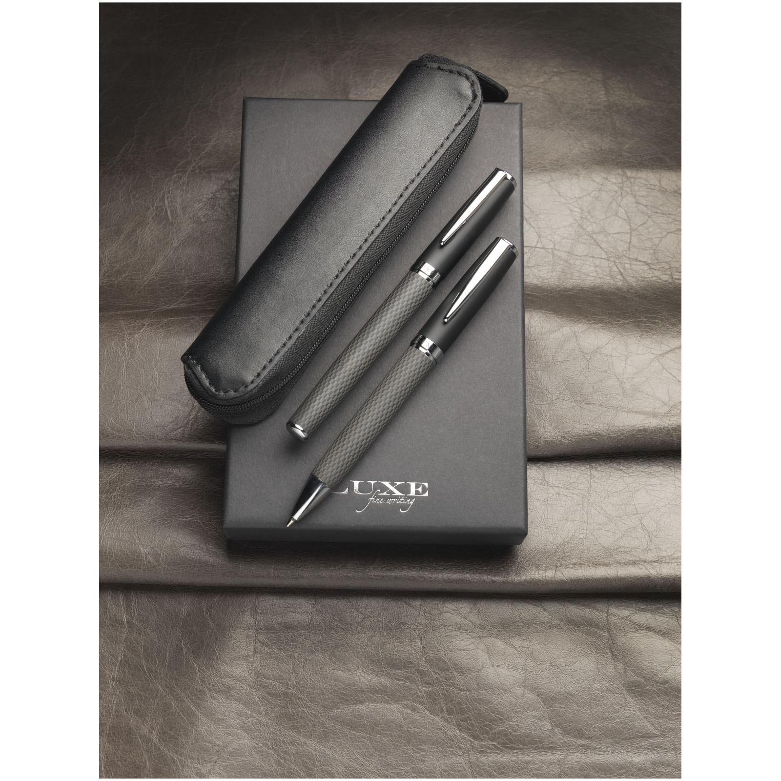 Luxe Parure de stylos bille et roller avec étui Carbon (encre noire)
