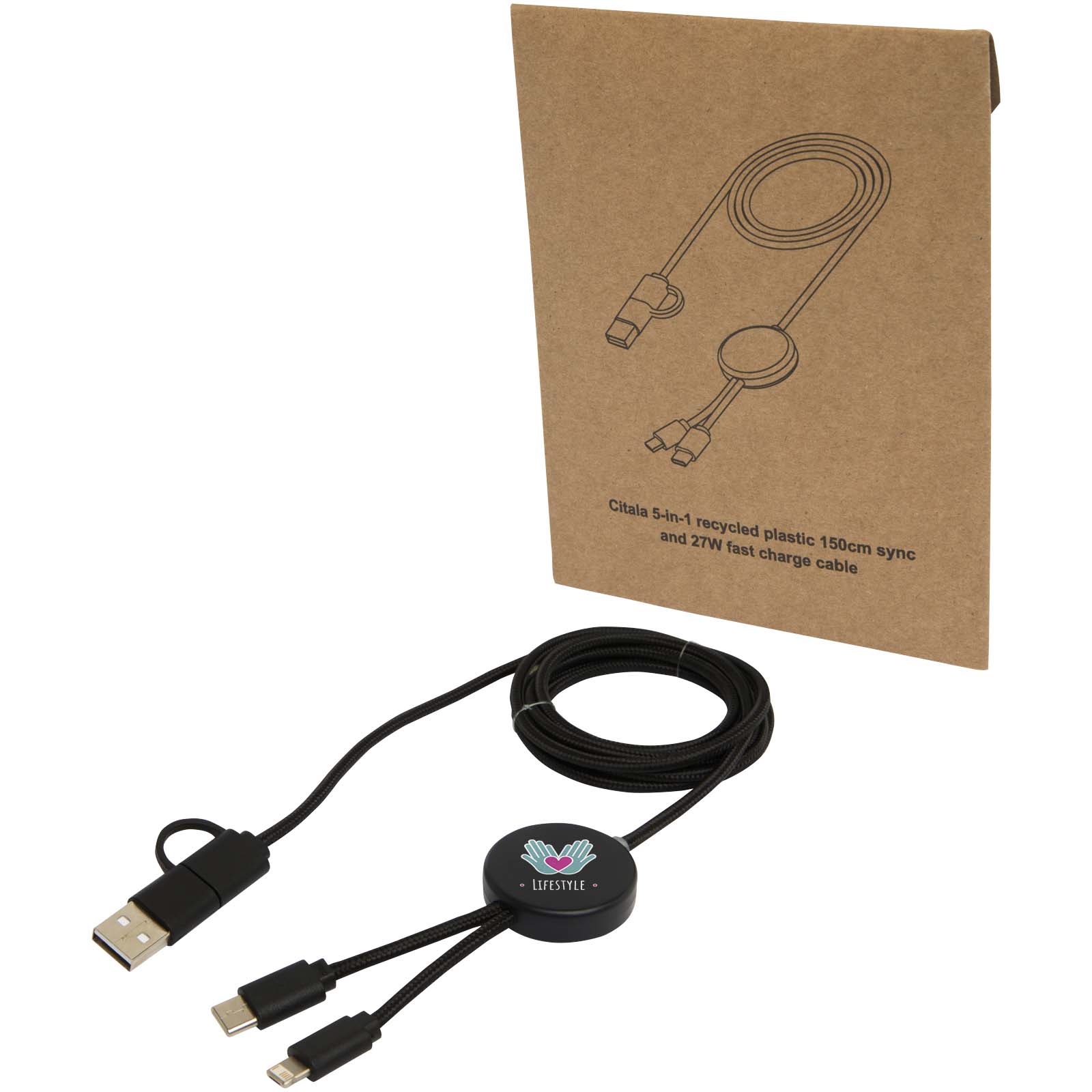 Câble 5 en 1 Citala en plastique recyclé de 150 cm pour la synchronisation des données et la charge rapide de 27 W